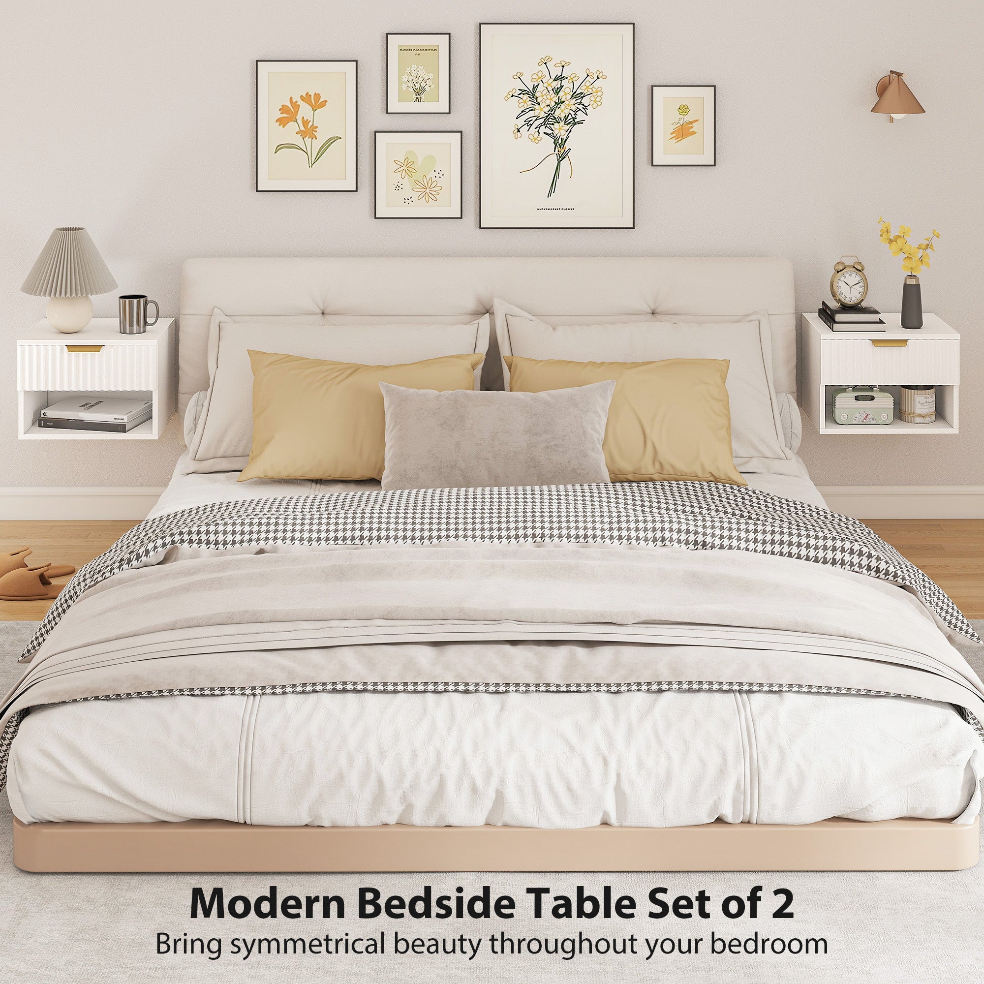 Zwevende Nachtkastjes Set van 2, Wandgemonteerd met Geribbelde Lade en Open Plank voor Slaapkamer, Wit - Noventis Home