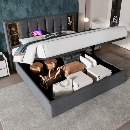Upholstered Double Bed 150 X 200cm With Wireless Charging USB Tyep - C, Hydraulic Storage Bed With Hydraulic Lever, Linen Fabric 5FT King Size Bed Frame With Large Storage Space,Grey No Mattress - Noventis Home