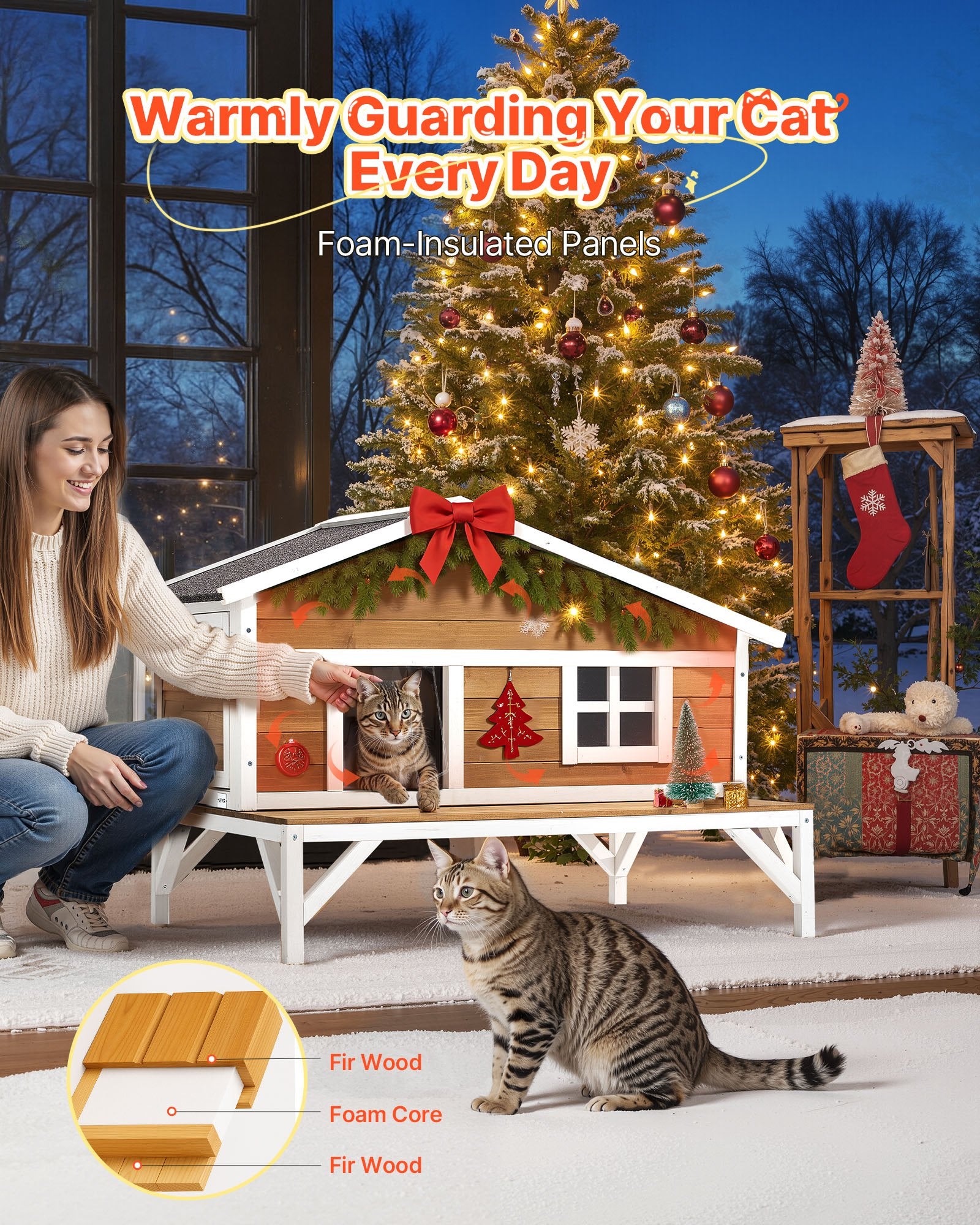 Insulated Cat House, All - Around Foam Insulation Elevated Cat Shelter, Wooden Feral Kitty Shelter With Large Platform, Waterproof Cats Condos For Indoor & Outdoor Cats In Winter 43.5x33.5x31 In - Noventis Home