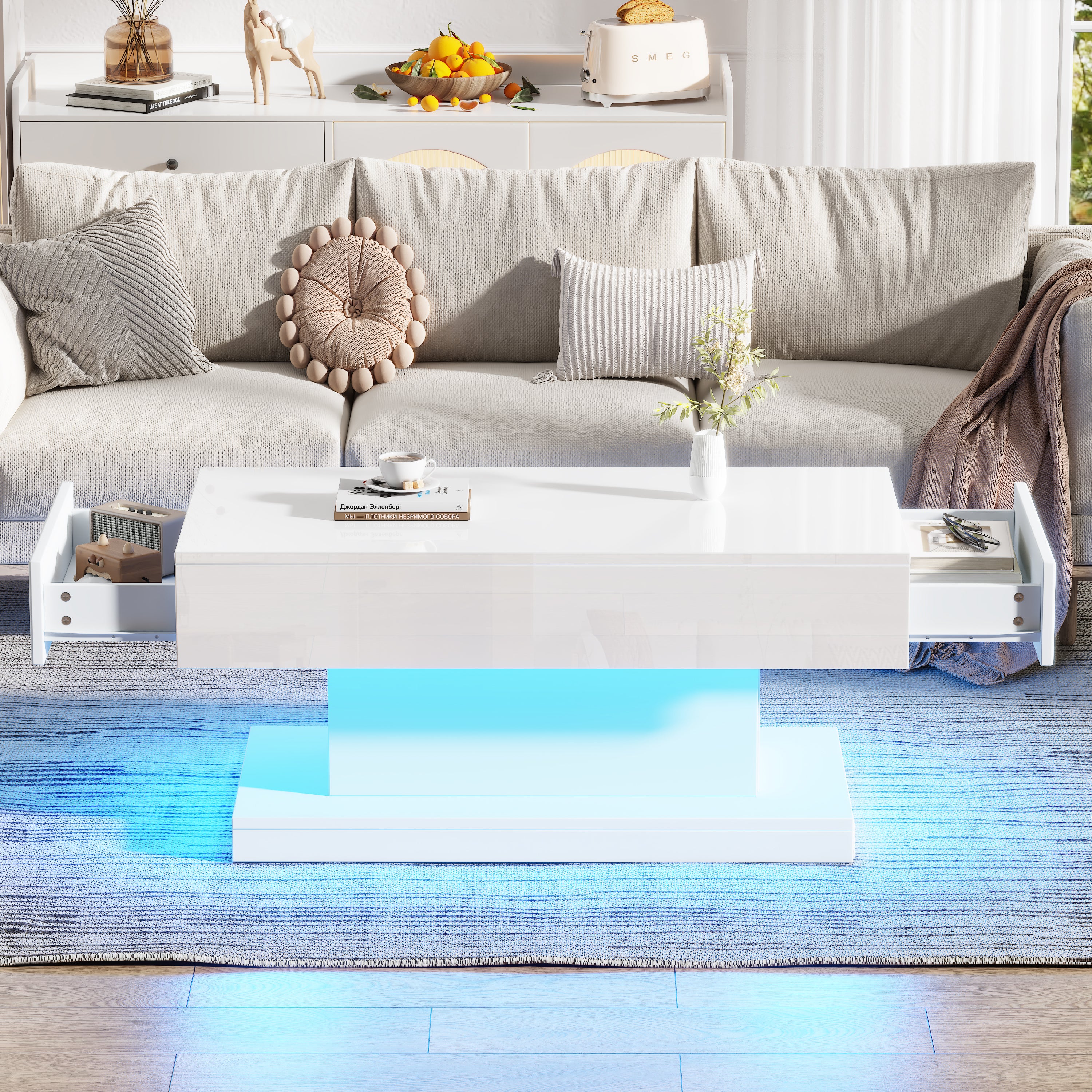Hoogglans Salontafel met 2 Lades en LED-verlichting, Moderne Woonkamertafel, 100x50x45 cm, Wit
