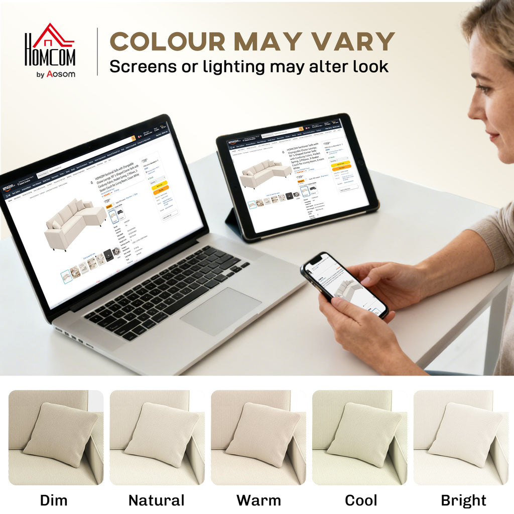 Hoekbank met Omkeerbare Chaise Longue, Corduroy L - vormige Slaapbank met Pocketvering, Crèmewit - Noventis Home
