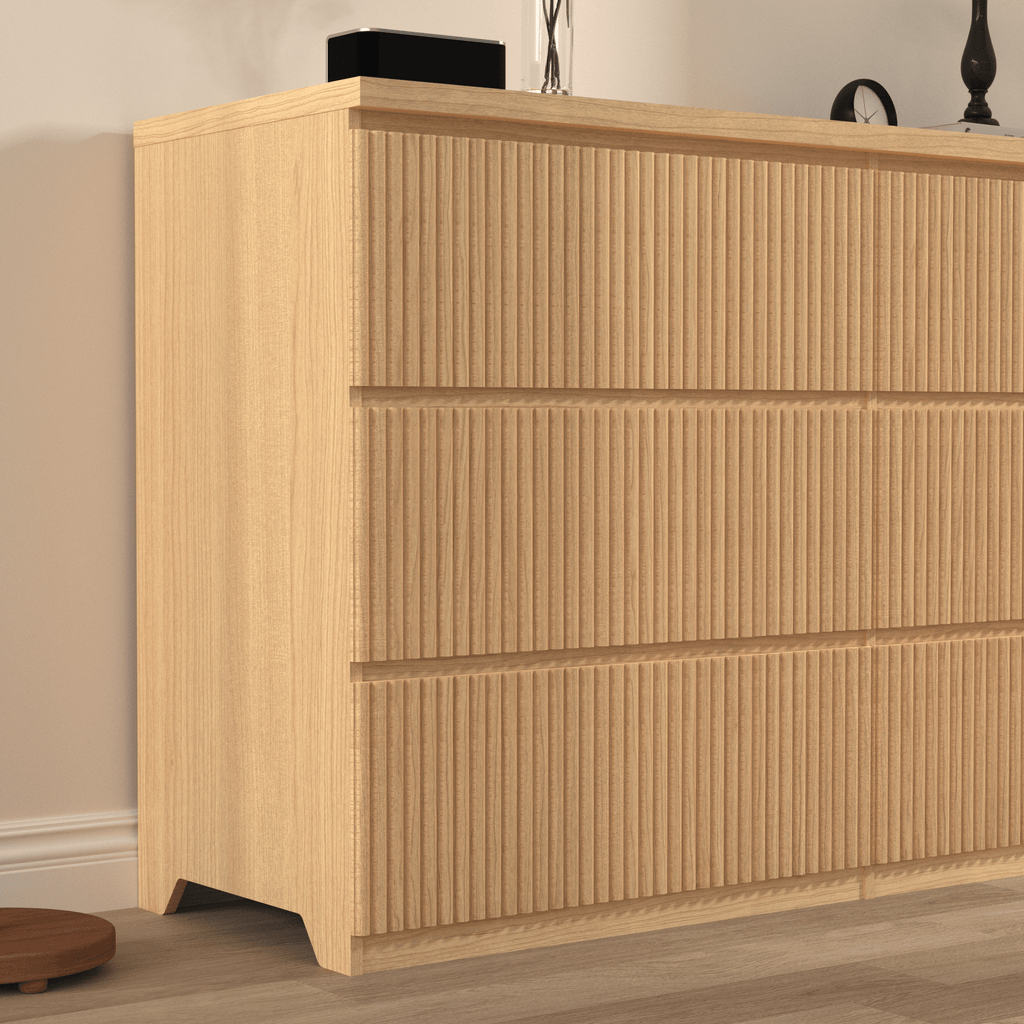 Modern Natural Wood 6 Drawer Dresser, Wave Panel Drawer Fronts, Storage Cabinet, Versatile Chest Of Drawers For Bedroom, Living Room - Sleek & Spacious Home Storage Solution - Noventis Home