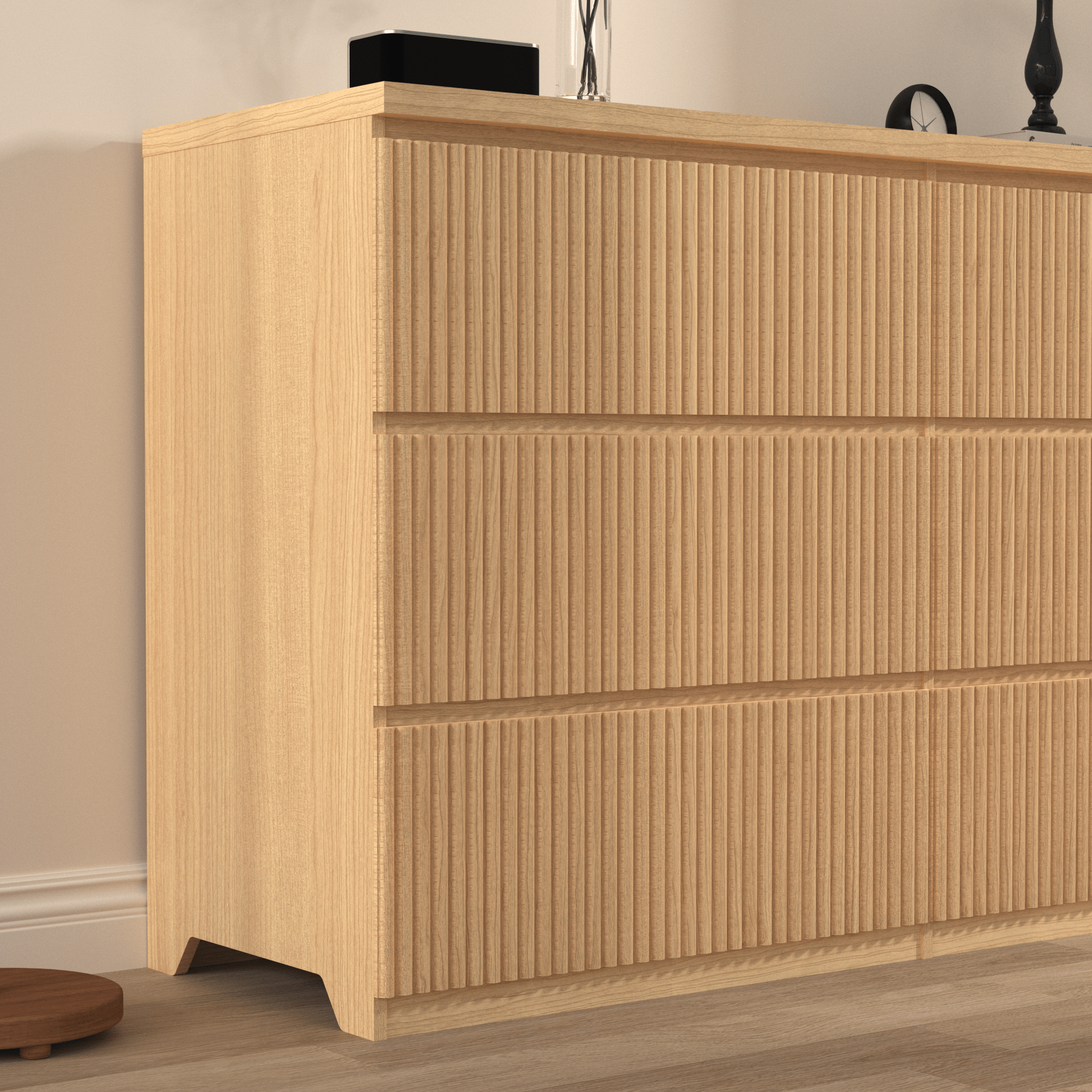 Modern Natural Wood 6 Drawer Dresser, Wave Panel Drawer Fronts, Storage Cabinet, Versatile Chest Of Drawers For Bedroom, Living Room - Sleek & Spacious Home Storage Solution - Noventis Home