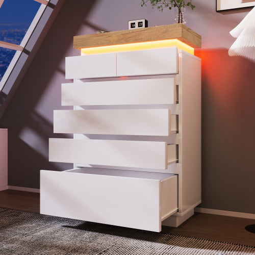 Ladekast, Hoogglans Dressoir met 6 Lades, RGB LED App-gestuurd, Multifunctioneel voor Woonkamer en Slaapkamer, 115x73x39 cm, Wit