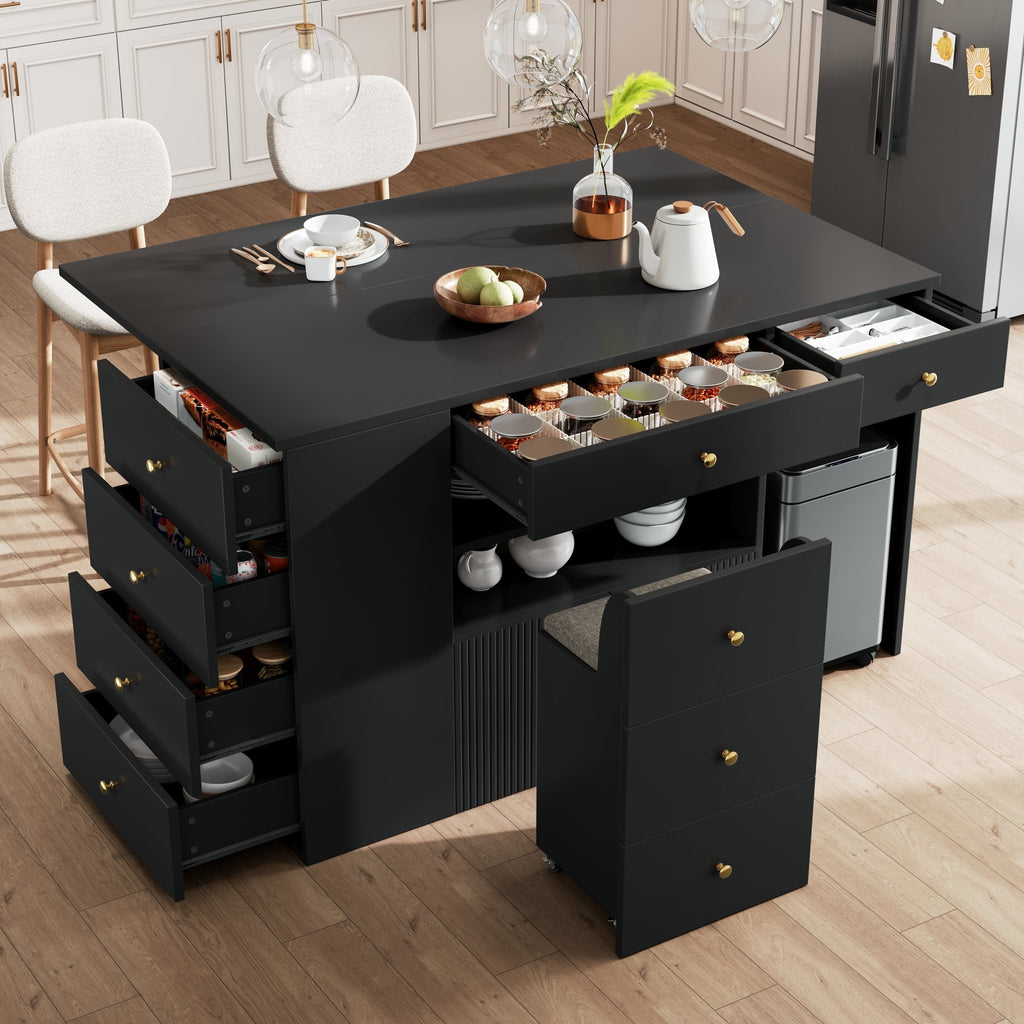 Adjustable Kitchen Island With Bar Stools - Sideboard & Cabinet With 6 Drawers, Width 140 - 70cm, White Black - Noventis Home