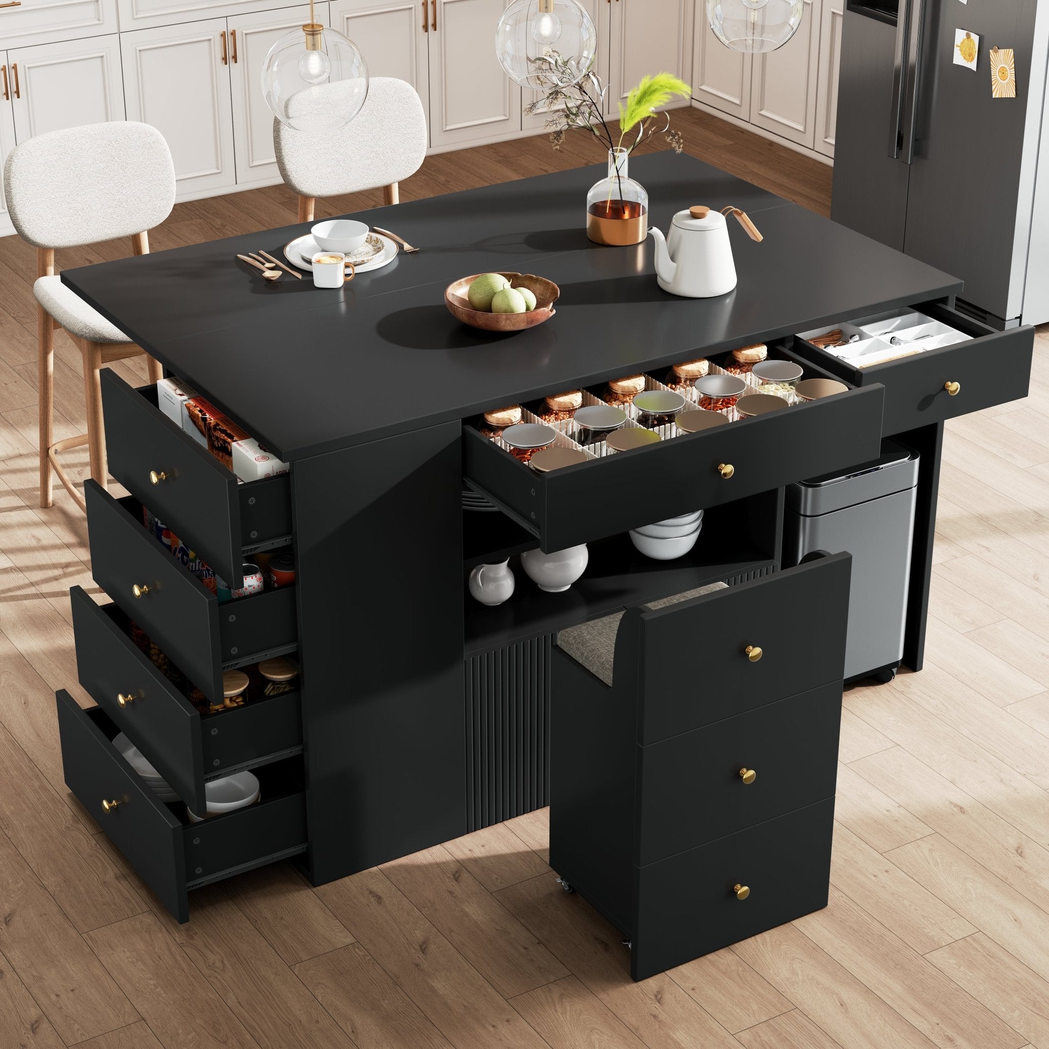 Adjustable Kitchen Island With Bar Stools - Sideboard & Cabinet With 6 Drawers, Width 140 - 70cm, White Black - Noventis Home