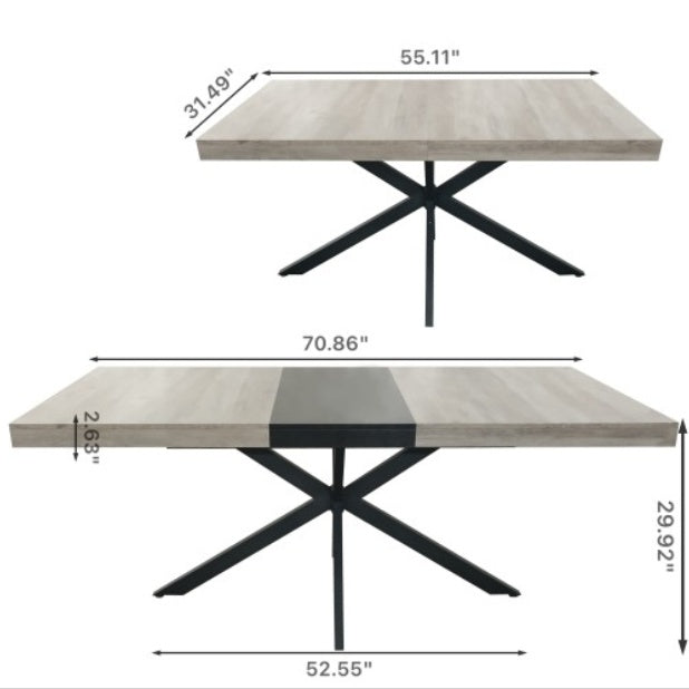 Retro Rechthoekige Uitschuifbare Eettafel, Grijs Tafelblad met Zwart Reliëf Middenpaneel, IJzeren Kruisvoet, Met Opbergvak, 140-180 cm