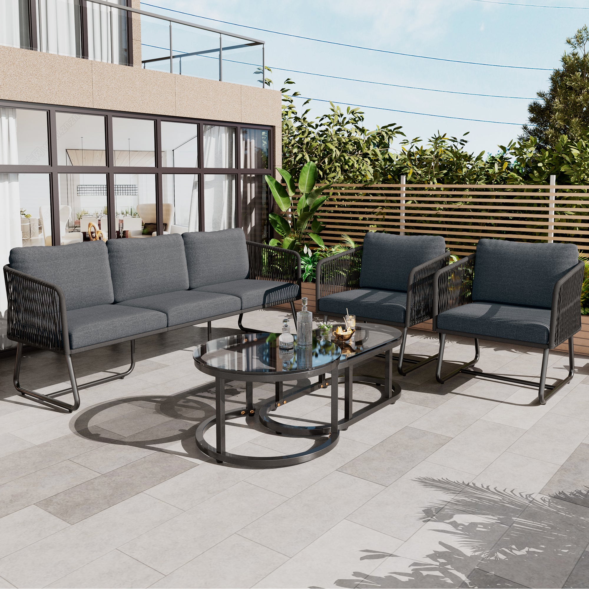 Buiten Patio & Tuin Loungeset, Dikke Ruimtebesparende Banken met Glazen Salontafel, Grijs - Noventis Home
