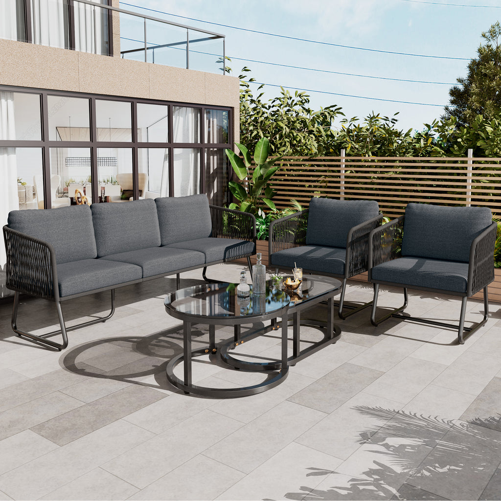 Buiten Patio & Tuin Loungeset, Dikke Ruimtebesparende Banken met Glazen Salontafel, Grijs - Noventis Home