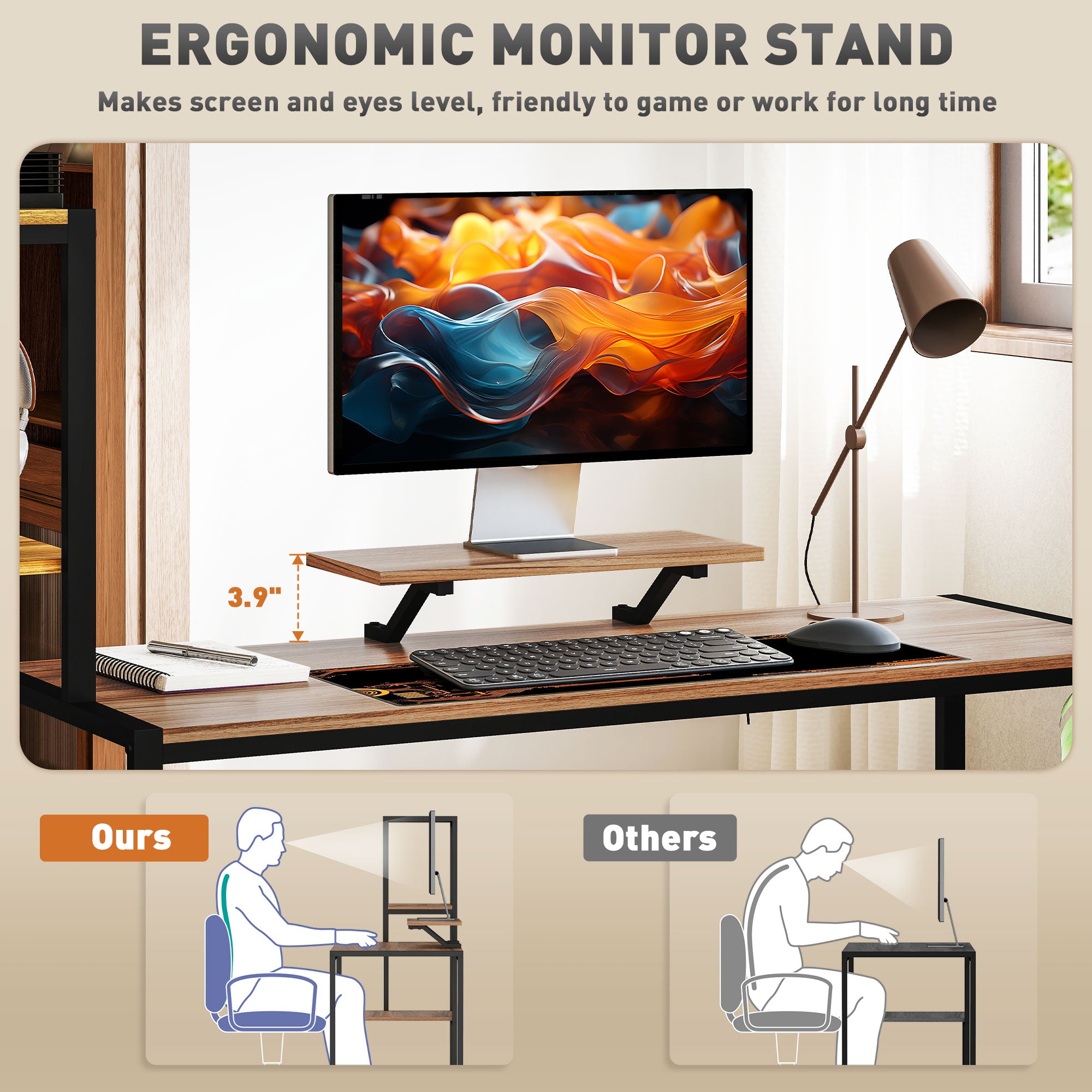 Computerbureau 170cm met Monitorstandaard en Omkeerbare 4-laags Plank, Industrieel Design, Bruin