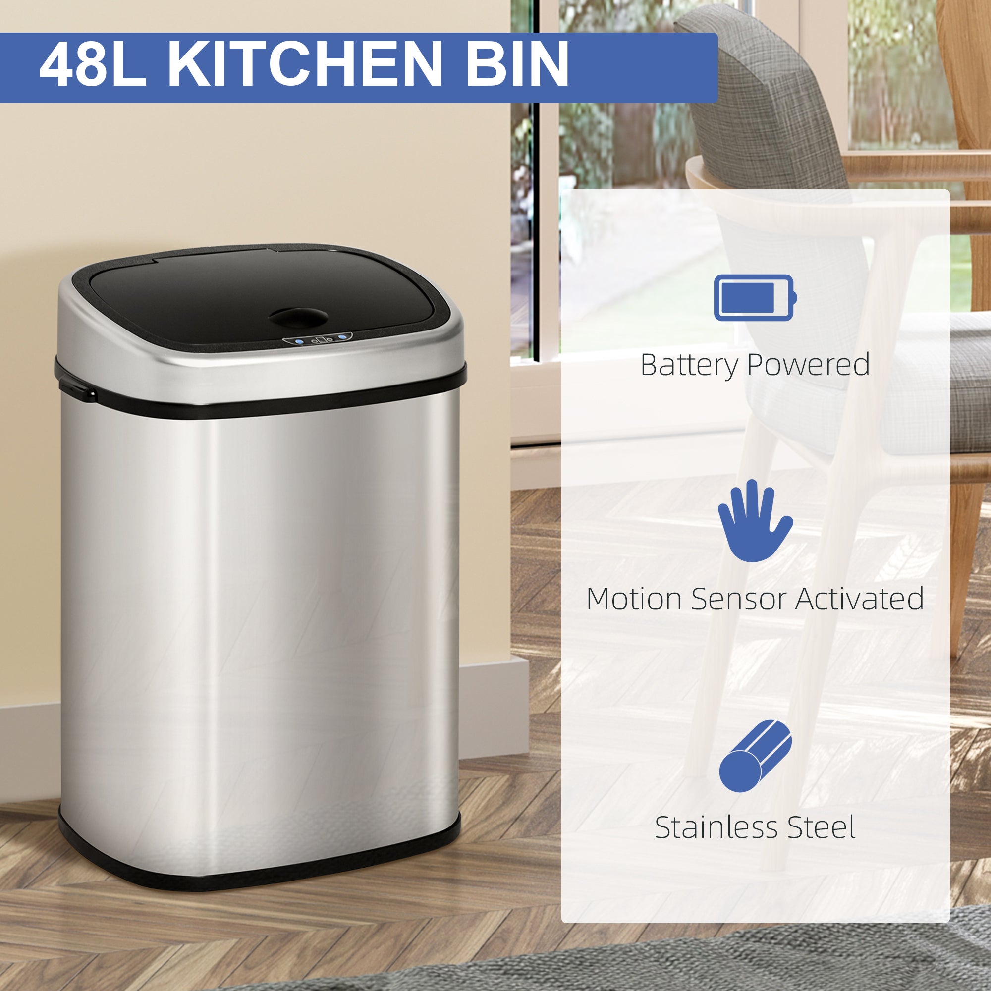 Stainless Steel Kitchen Sensor Dustbin Automatic Touchless Rubbish Garbage Waste Bin 48L Silver - Noventis Home