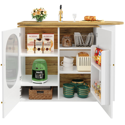360° Draaibare Bartafel 138x39x105 cm, Koffiebar Meubel, Draaibare Eettafel met Opbergruimte, Keukeneiland, 2 Deuren met Planken, Wit