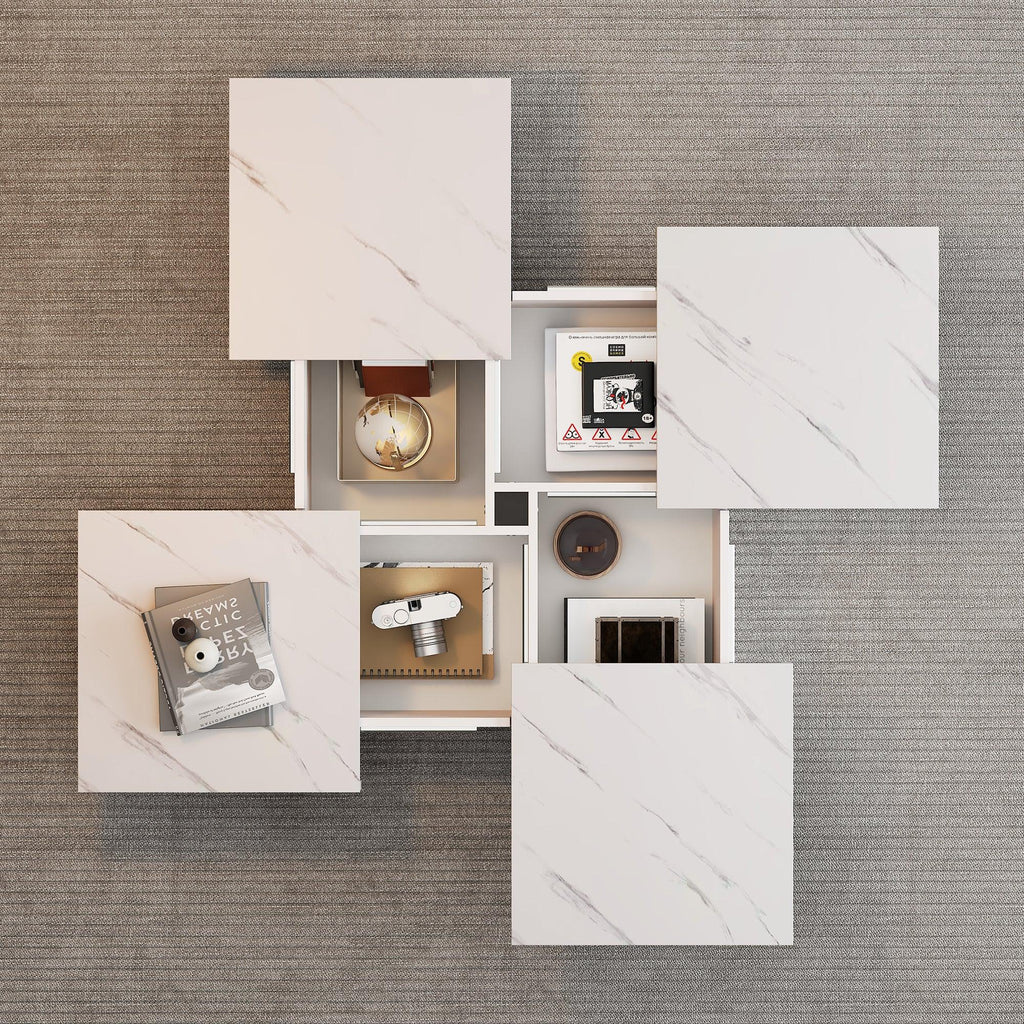 Modern Square Coffee Table With Marble Look, Centre Tea Table With 4 Sliding Drawers, Coffee End Table, 90 X 90 X 25 Cm, For Livingroom Office, White - Noventis Home