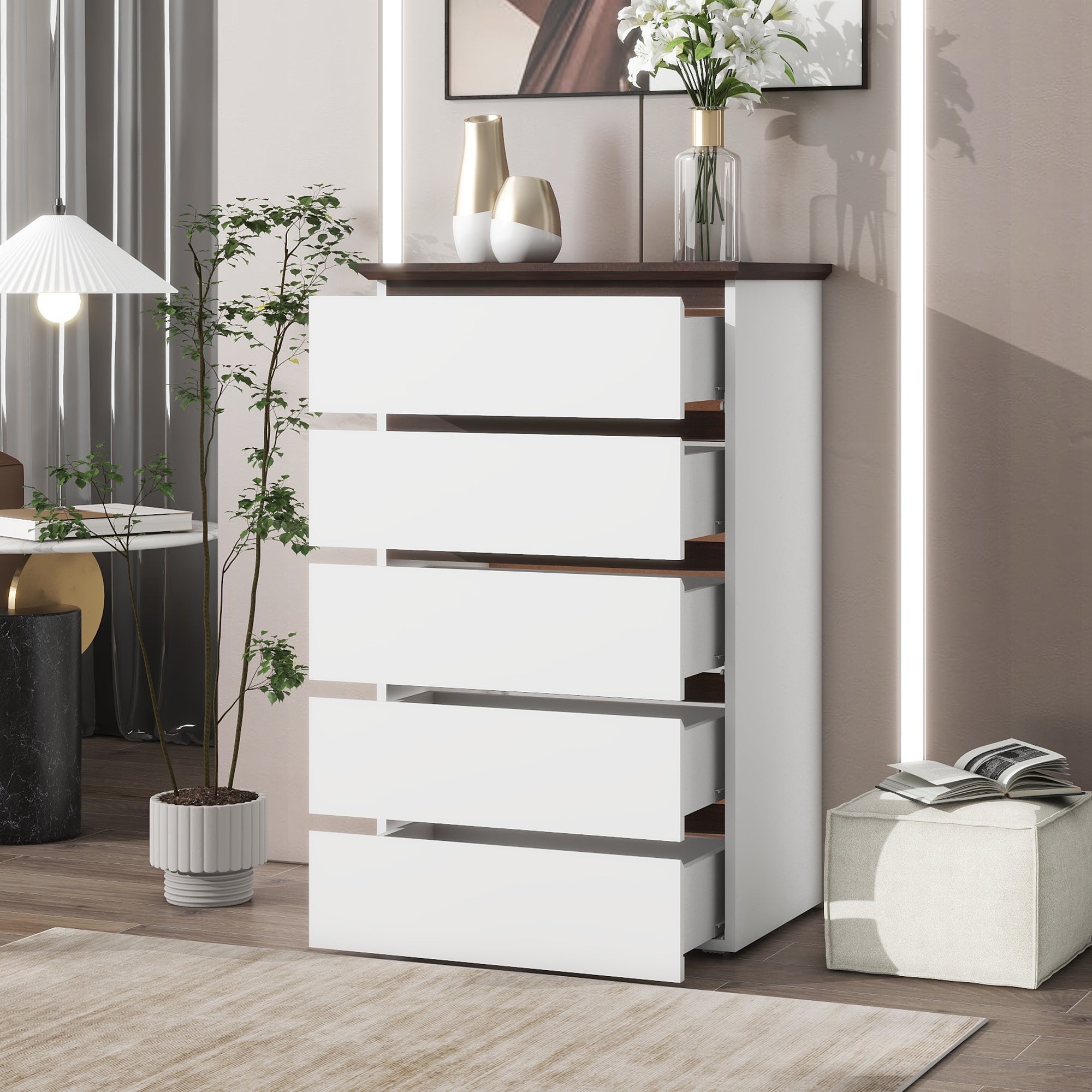 5 Drawer Dresser For Bedroom, Modern Closet Dressers Chest Of Drawers, White & Walnut Color Storage Dresser Chest Cabinet Organizer Unit - Noventis Home