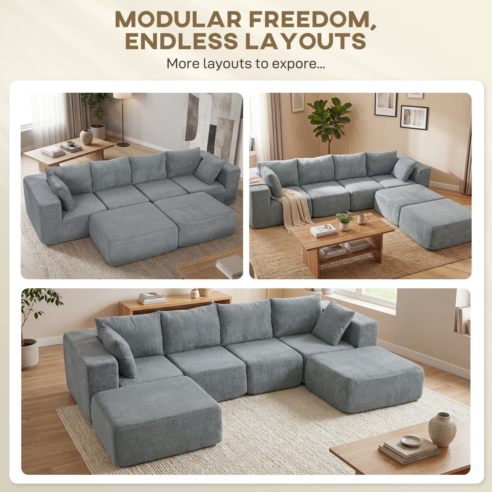 Modular Sectional Sofa, Boneless U - Shape Sectional Couch with 2 Ottomans, Dark Gray - Noventis Home