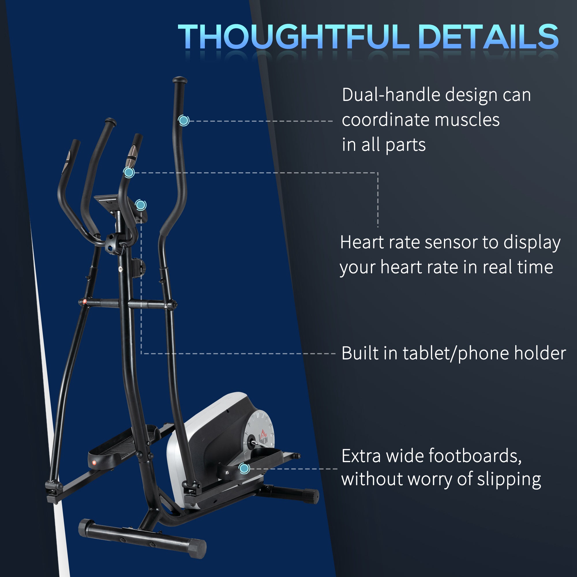 Elliptische Crosstrainer voor Thuis, 8 Magnetische Weerstandsniveaus, LCD - scherm, Hartslagsensor, Zwart - Noventis Home