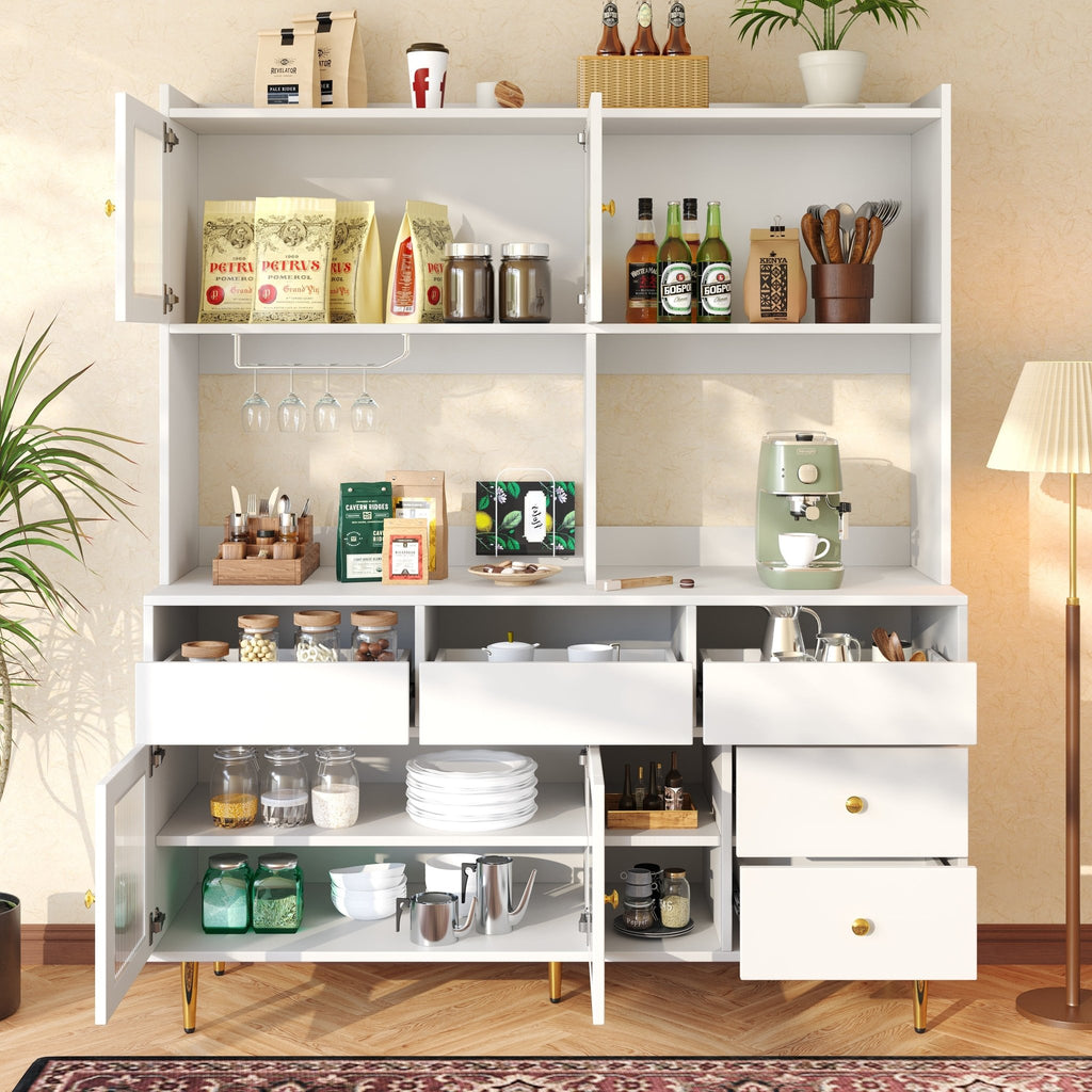 Multifunctionele Opbergkast 145x39x171 cm, Modern Design, met Changhong Glazen Deur, Wijnglashouder, Meerdere Opberglagen, Wit met Gouden Decoratie, voor Thuis en Restaurant - Noventis Home