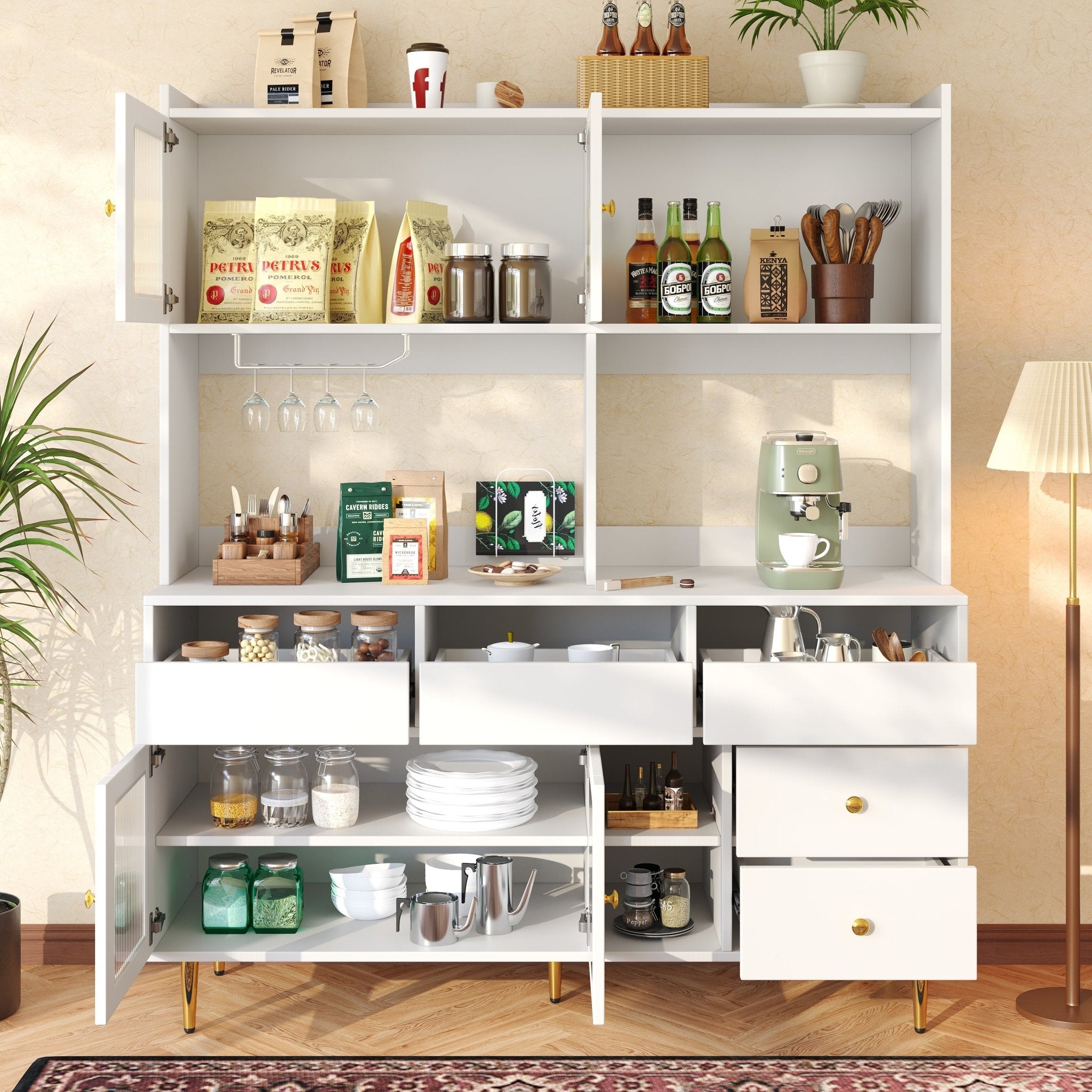 Multifunctionele Opbergkast 145x39x171 cm, Modern Design, met Changhong Glazen Deur, Wijnglashouder, Meerdere Opberglagen, Wit met Gouden Decoratie, voor Thuis en Restaurant - Noventis Home