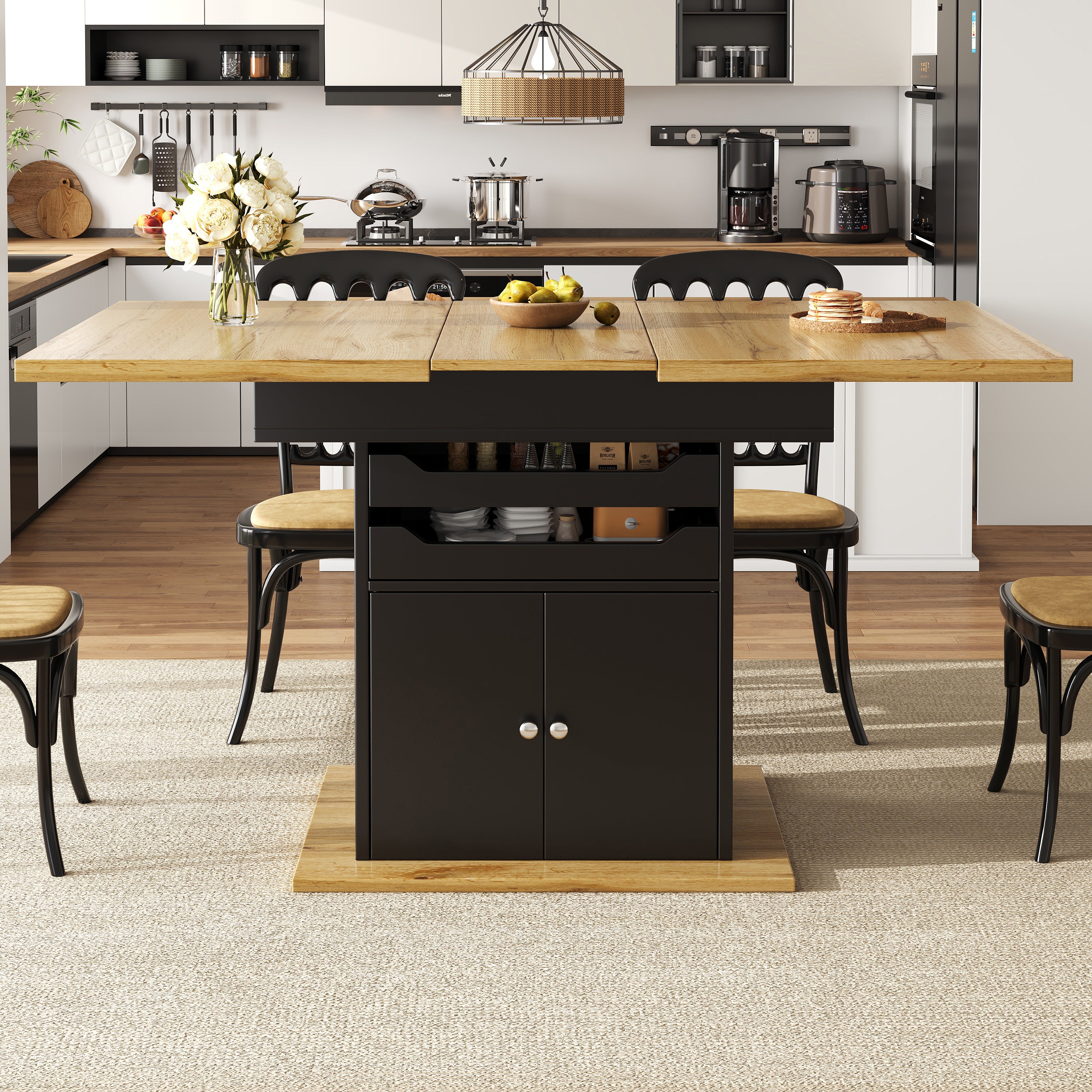 Uitschuifbare Eettafel 110-140x80cm, Inklapbare Keukentafel voor 4-6 Personen, met 2 Lades en Opbergkast, Zwart