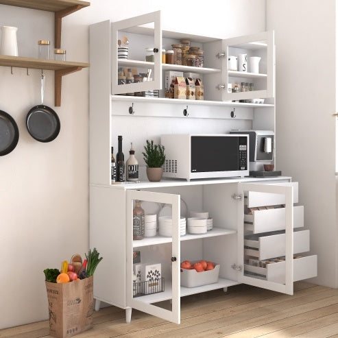 Grote Keukenkast 160 cm, Vrijstaande Voorraadkast met 4 Deuren, 4 Lades en Magnetronplank, Wit