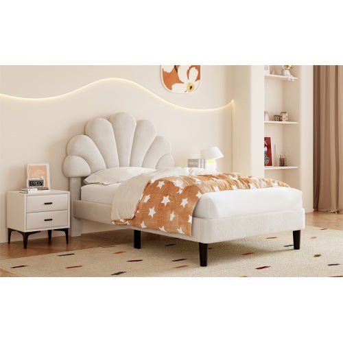 3ft Single Upholstered Velvet Bed Frame, With Adjustable Chic Petal Headboard, Velvet Platform Bed Frame With Solid Wood Slat, No Box Spring Needed, Easy Assembly, Beige - Noventis Home