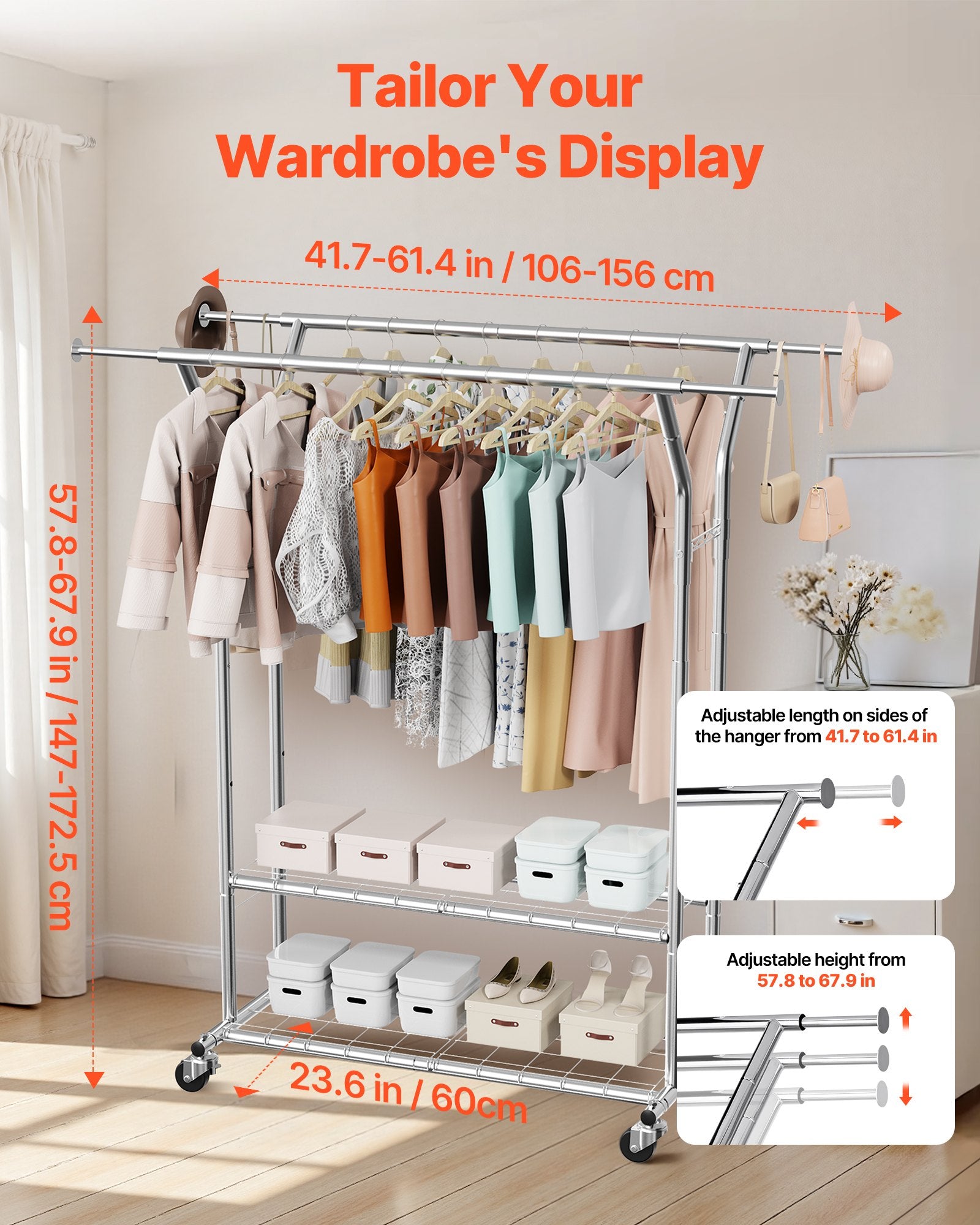 Clothes Rack, Rolling Clothing Garment Rack With 2 Hanging Rods And 2 Storage Shelves, 264 Lbs Load Capacity, Adjustable Height Carbon Steel Clothing Racks For Bedroom, Laundry, Living Room - Noventis Home