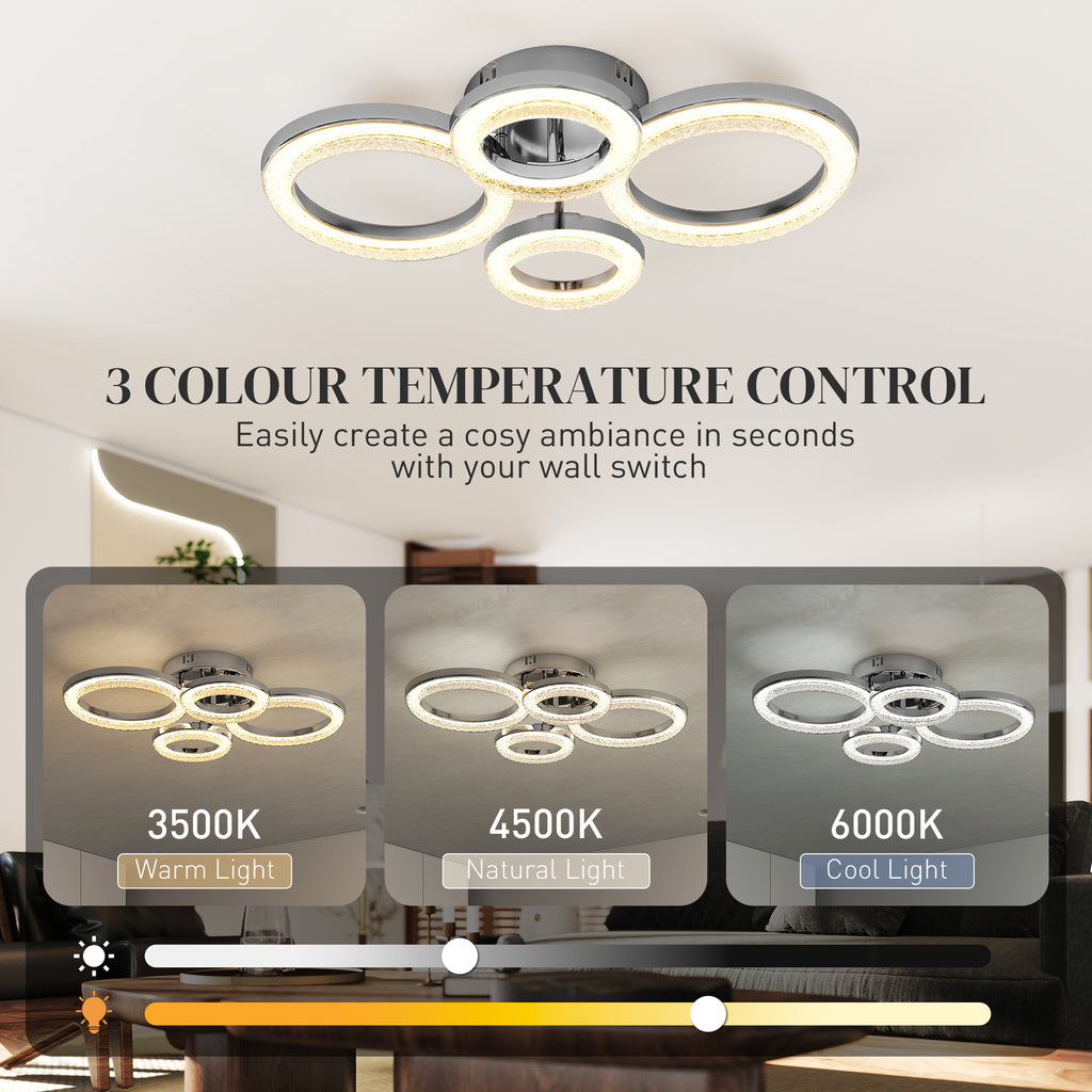 LED Ceiling Light, Modern 4 Rings Ceiling Lamp With Wall Switch Control, 40W 4350lm Flush Mount Ceiling Light With 3500K/4500K/6000K Colour Temperatures For Living Room, Bedroom, Silver Tone - Noventis Home