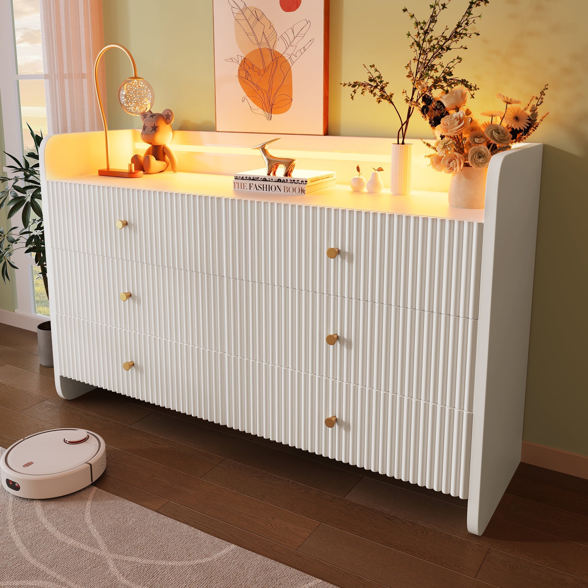 Fluted 6 - Drawer Sideboard, Modern Storage Cabinet With RGB LED Lighting & Shelves,, Chest Of Drawers For Living Room Bedroom Dining Room Office, 75x 120 X 40 Cm, White - Noventis Home