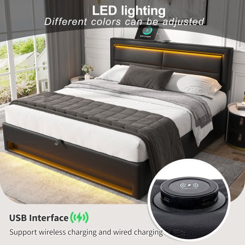 Gestoffeerd Bed 135 x 190 cm, Tweepersoons, met USB - oplaadpoort (Draadloos en Bedraad), LED - verlichting en Opbergruimte, Zonder Matras, PU Lychee Design, Zwart - Noventis Home