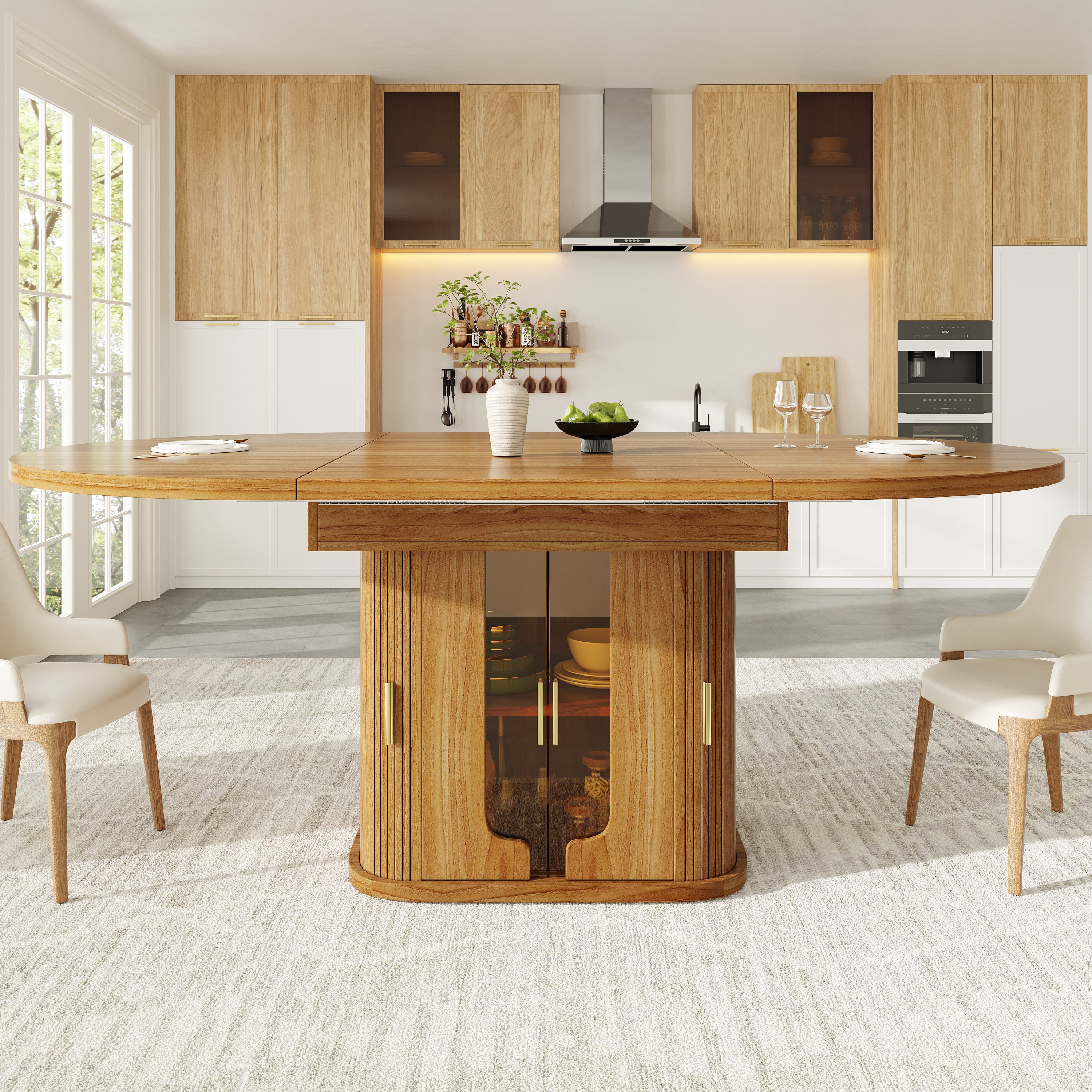 Uitschuifbare Ronde Eettafel, Uitklapbaar tot Ovaal, 118-158cm, tot 6 Personen, Glazen Deuren, Walnoot