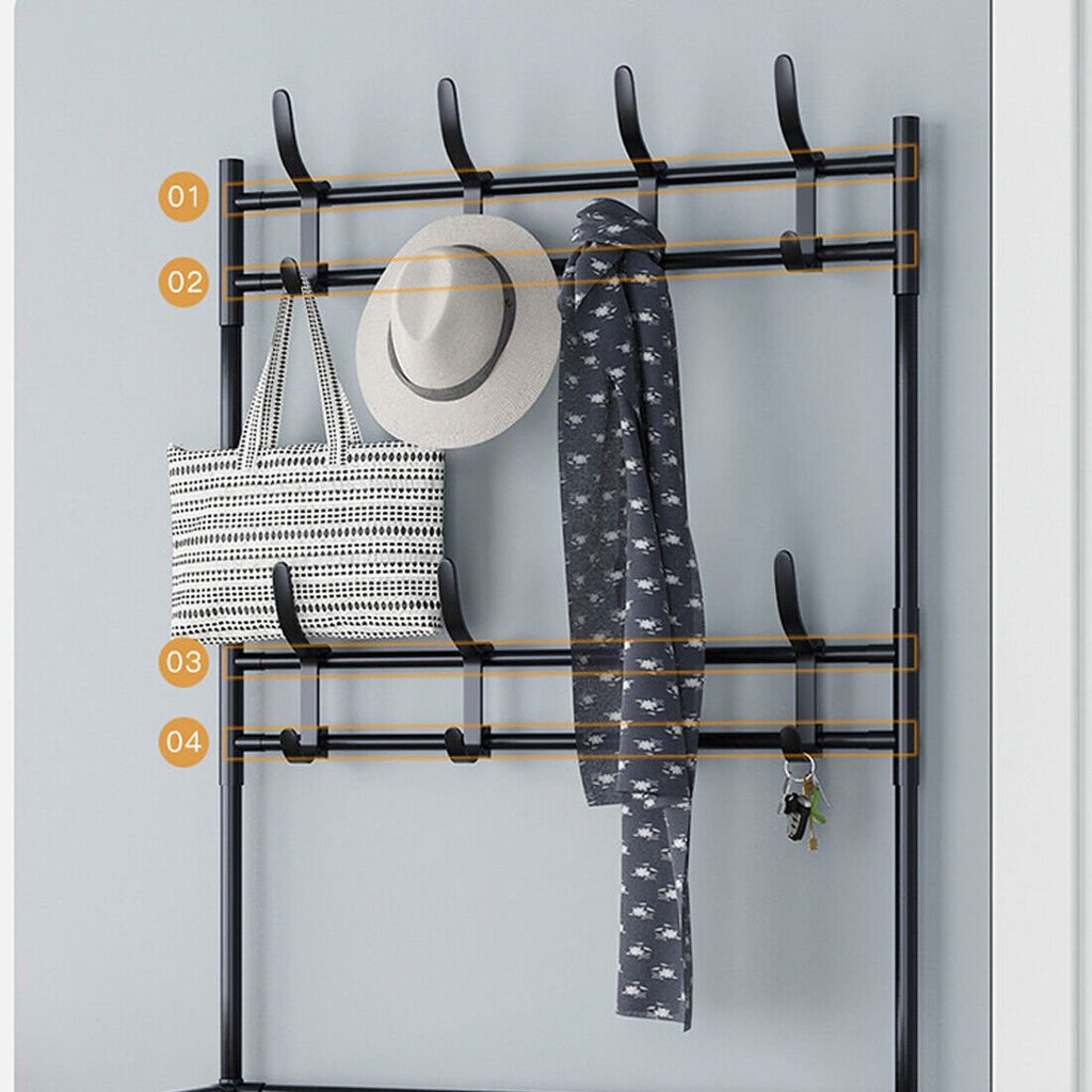 New Coat And Hat Stand 8 Hooks Metal Shoe Rack 5 Tiers Shelf Hanger Black UK - Noventis Home