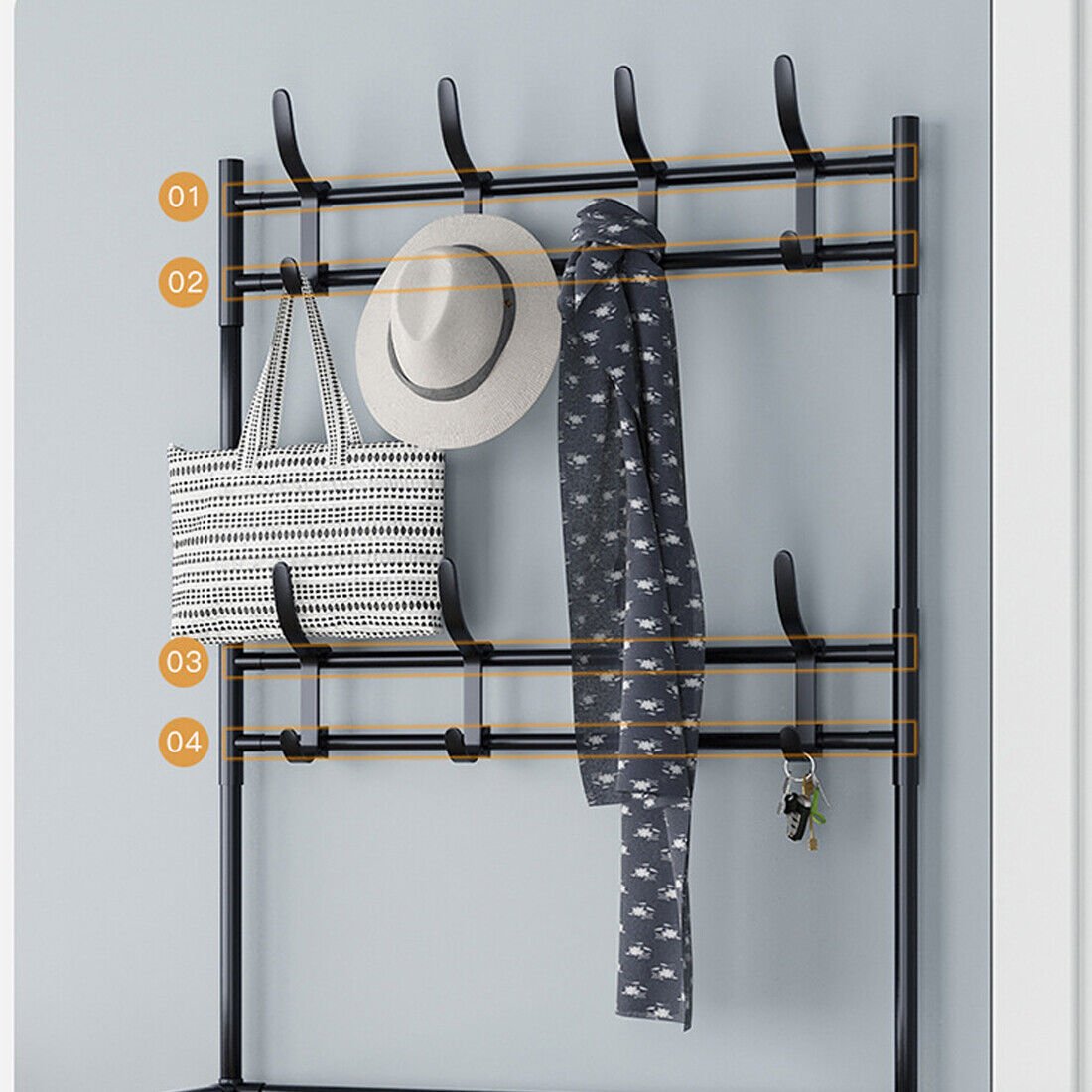 New Coat And Hat Stand 8 Hooks Metal Shoe Rack 5 Tiers Shelf Hanger Black UK - Noventis Home