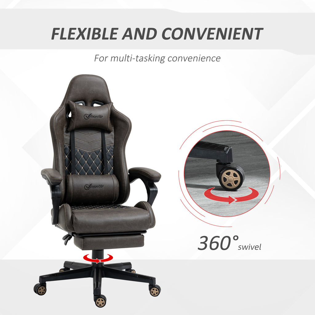 Racing Gaming Chair Diamond PU Leather Office Gamer Chair High Back Swivel Recliner with Footrest, Lumbar Support, Adjustable Height, Brown - Noventis Home