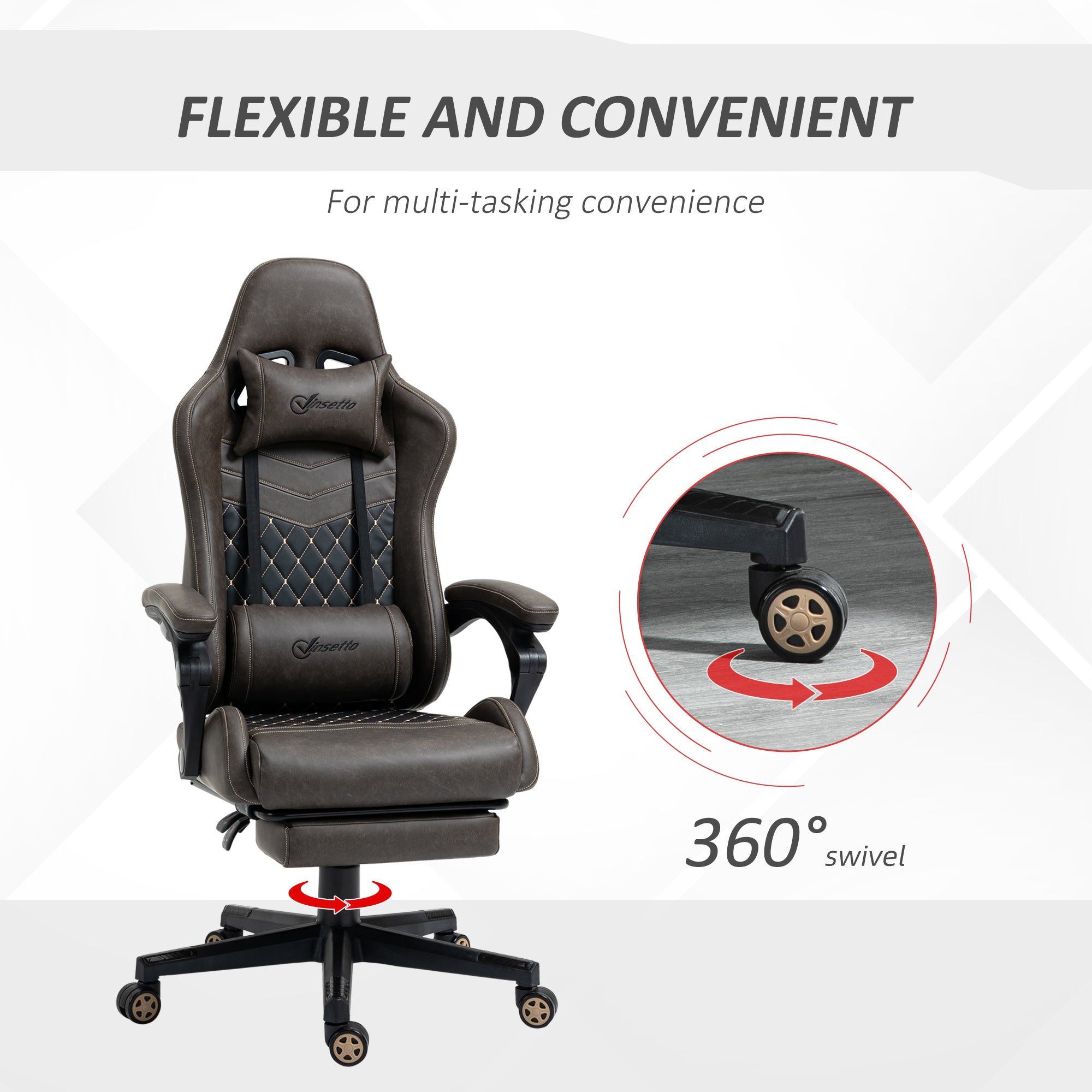 Racing Gaming Chair Diamond PU Leather Office Gamer Chair High Back Swivel Recliner with Footrest, Lumbar Support, Adjustable Height, Brown - Noventis Home