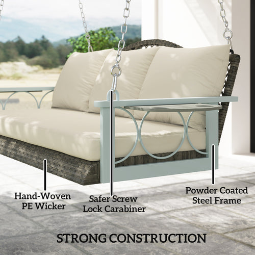 3 Person Wicker Hanging Outdoor Patio Porch Swing Bench With Cup Holders, Cushions, And Chains, Natural - Noventis Home