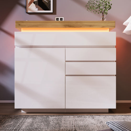 Ladekast, Hoogglans Dressoir met 2 Deuren en 3 Lades, RGB LED App-gestuurd, Multifunctioneel voor Woonkamer en Slaapkamer, 115x110x39 cm, Wit