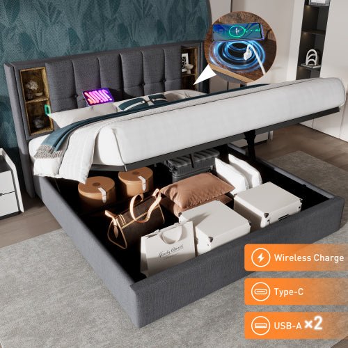 Upholstered Double Bed 150 X 200cm With Wireless Charging USB Tyep - C, Hydraulic Storage Bed With Hydraulic Lever, Linen Fabric 5FT King Size Bed Frame With Large Storage Space,Grey No Mattress - Noventis Home