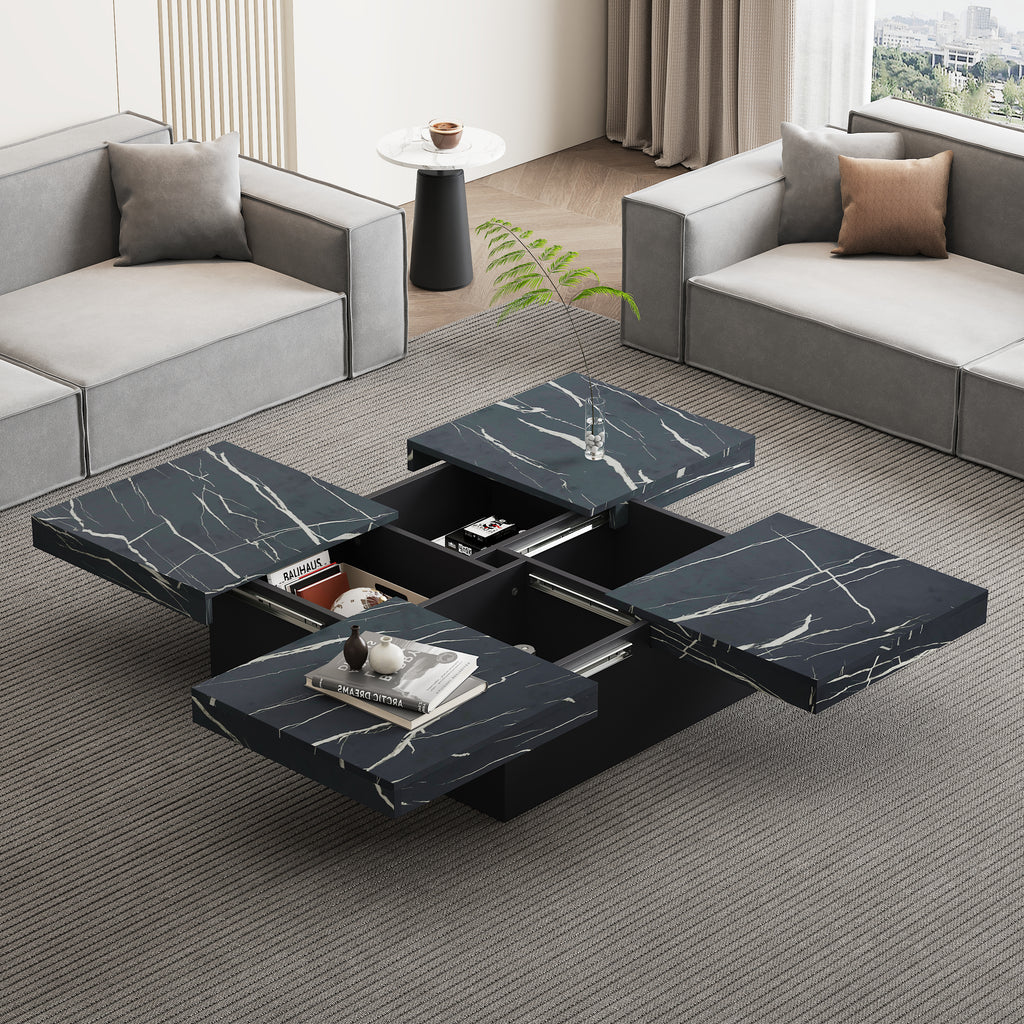 Moderne Vierkante Salontafel met Marmerlook, 4 Schuiflades, 90x90x25 cm, Zwart