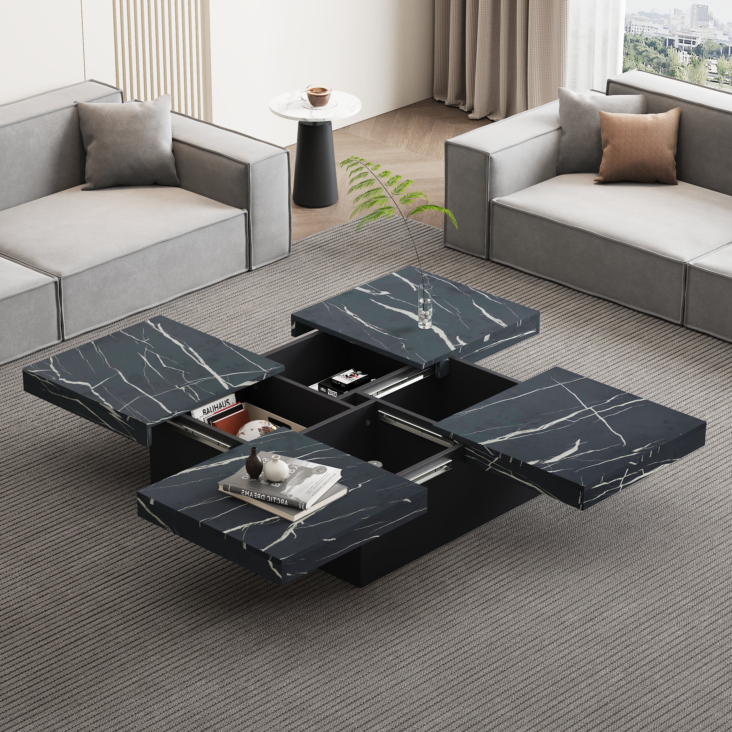 Moderne Vierkante Salontafel met Marmerlook, 4 Schuiflades, 90x90x25 cm, Zwart