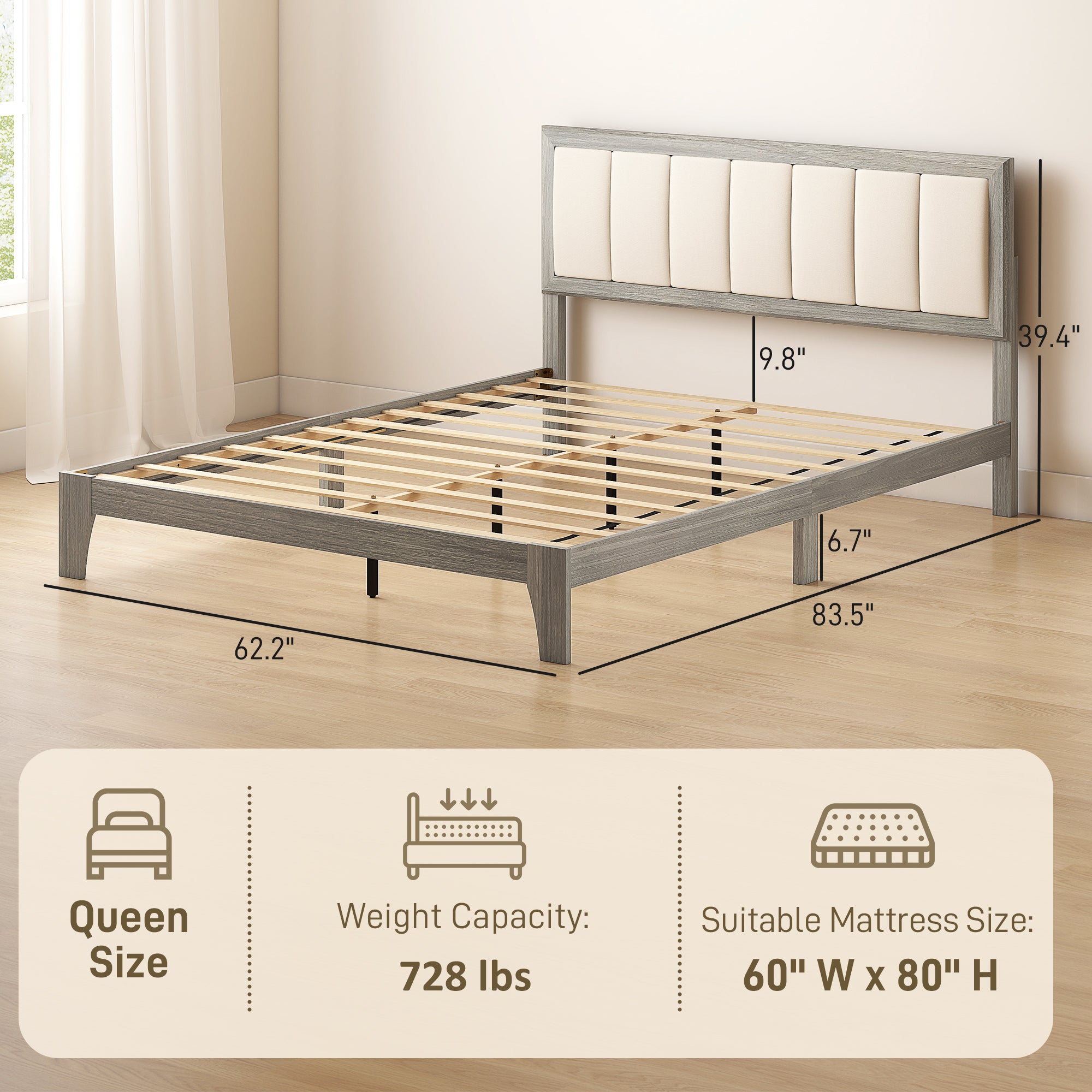 Queen Bed Frame With Headboard Queen Platform Bed Frame With Wooden Slats No Box Spring Needed Easy Assembly Gray - Noventis Home