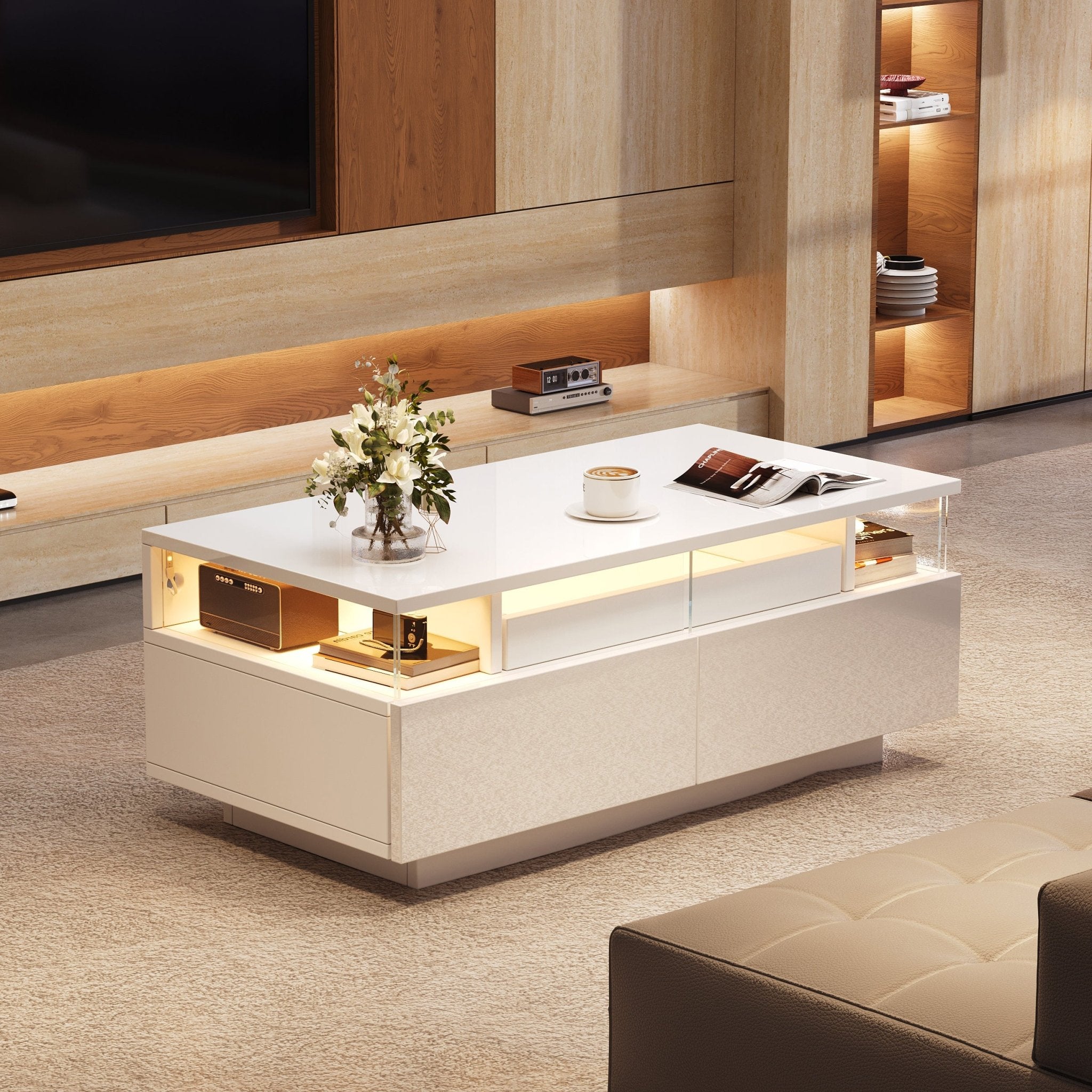 Hoogglans Salontafel met 2 Lades, LED - verlichting en Uitschuifbaar Dienblad, 90x45x35,5cm, Wit - Noventis Home