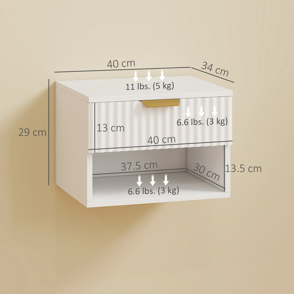 Zwevende Nachtkastjes Set van 2, Wandgemonteerd met Geribbelde Lade en Open Plank voor Slaapkamer, Wit - Noventis Home