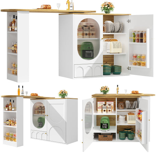 360° Draaibare Bartafel 138x39x105 cm, Koffiebar Meubel, Draaibare Eettafel met Opbergruimte, Keukeneiland, 2 Deuren met Planken, Wit