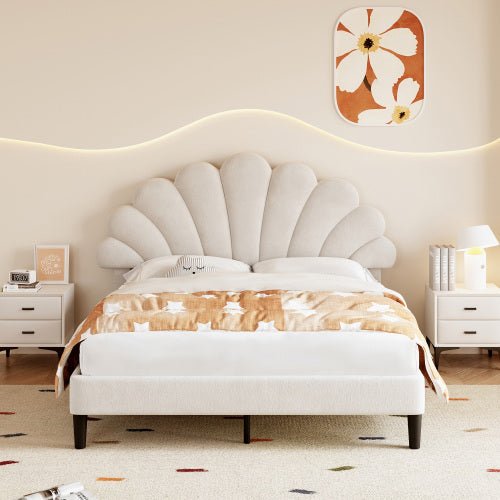 4ft6 Double Upholstered Velvet Bed Frame, With Adjustable Chic Petal Headboard, Velvet Platform Bed Frame With Solid Wood Slat, No Box Spring Needed, Easy Assembly, Beige - Noventis Home