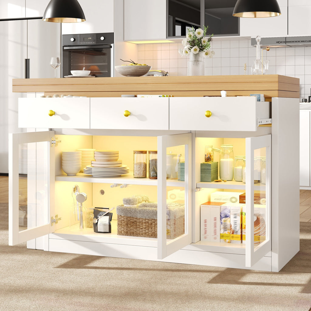 Extendable Kitchen Island With LED Lights, 120 - 200cm Adjustable Dining Table With Storage, 3 Drawers & Glass Cabinets, White Black - Noventis Home