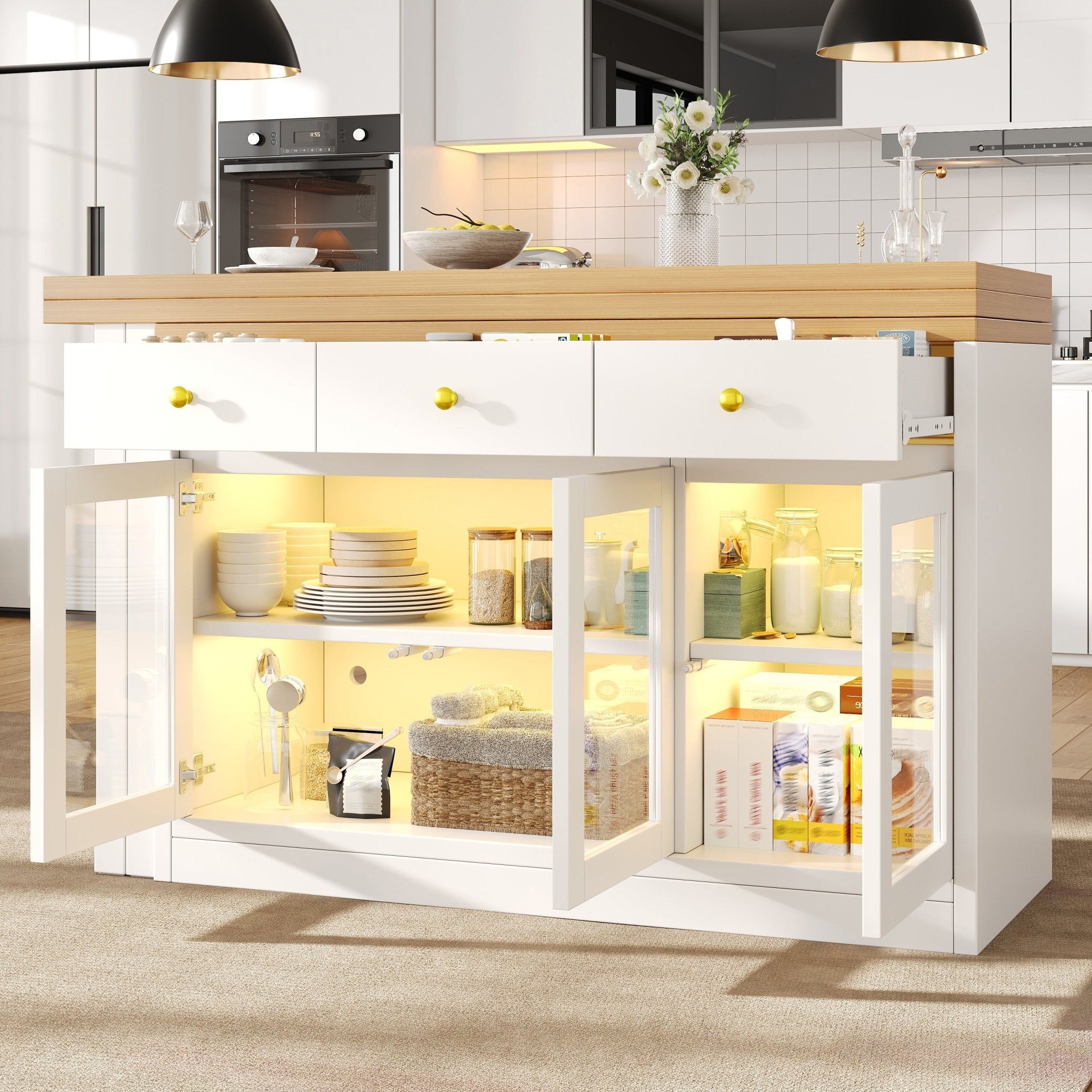 Extendable Kitchen Island With LED Lights, 120 - 200cm Adjustable Dining Table With Storage, 3 Drawers & Glass Cabinets, White Black - Noventis Home