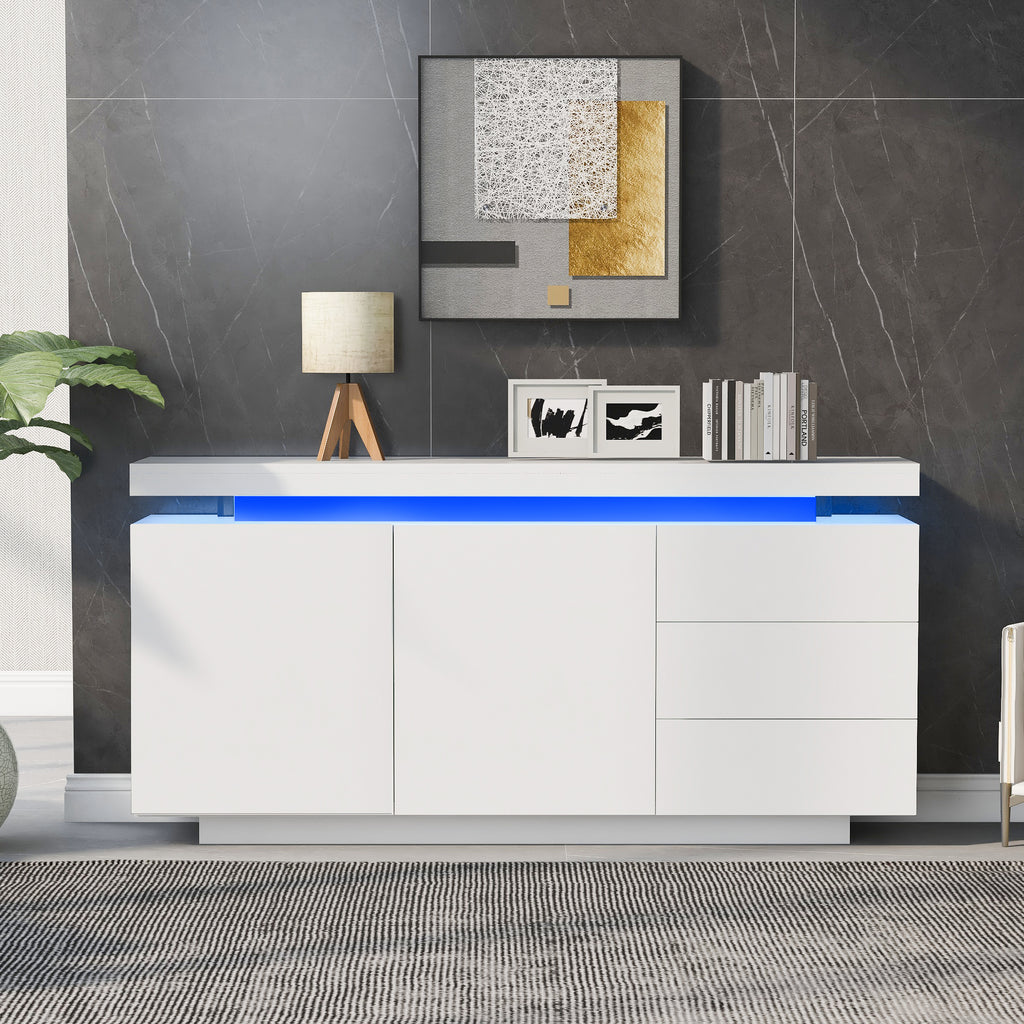 Sideboard With LED Lights, Side Cabinet Standing Cabinet Chest Of Drawers Highboard Sideboard With 2 Doors & 3 Drawers, High Gloss Sideboard For Living Room Dining Room, White - Noventis Home