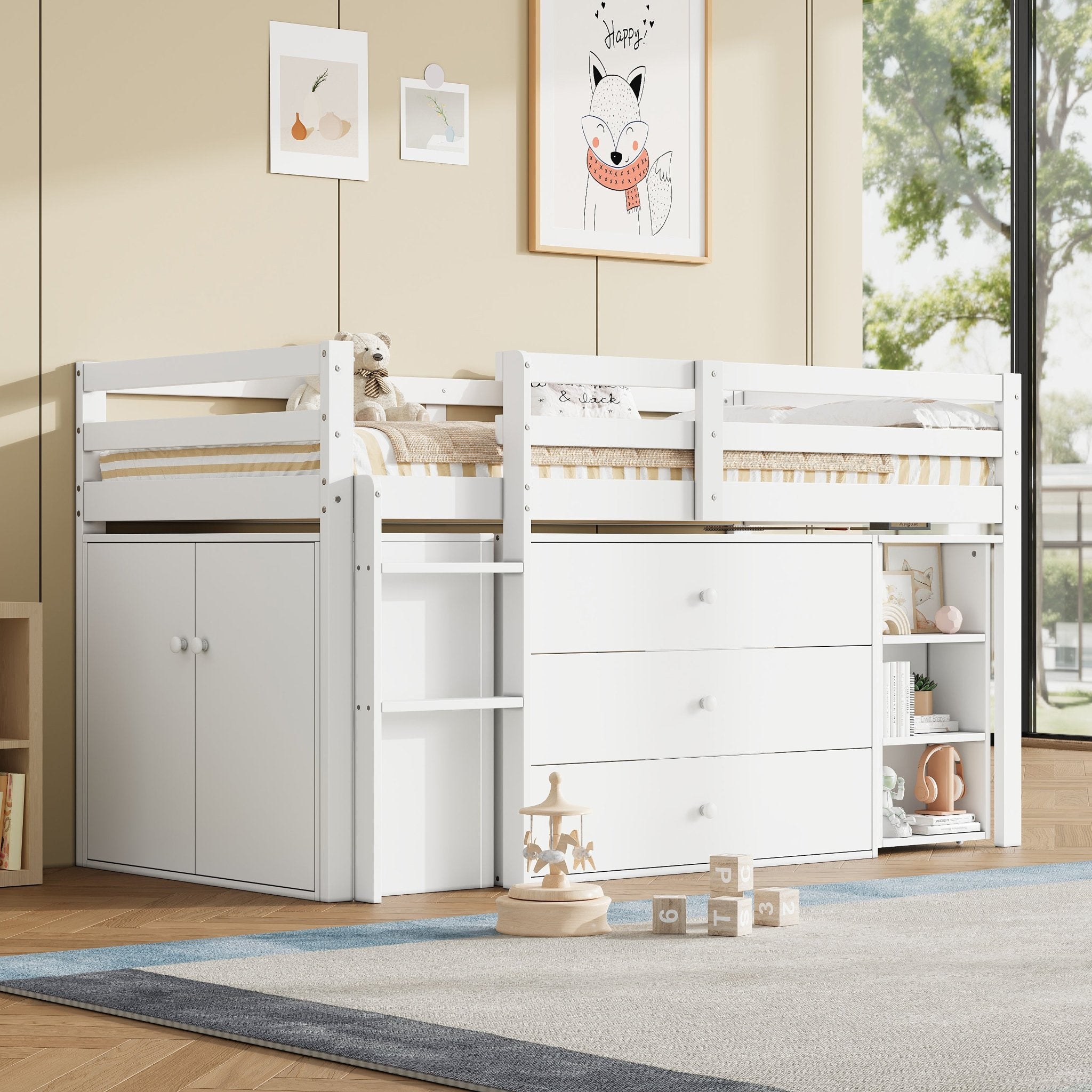 Eenpersoons Kinderbed met Uitschuifbaar Bureau, 3 Lades, Opbergkast en Planken, Flexibele Installatie, Ruimtebesparend Halfhoogslaper, 90x190cm, Wit, Zonder Matras - Noventis Home