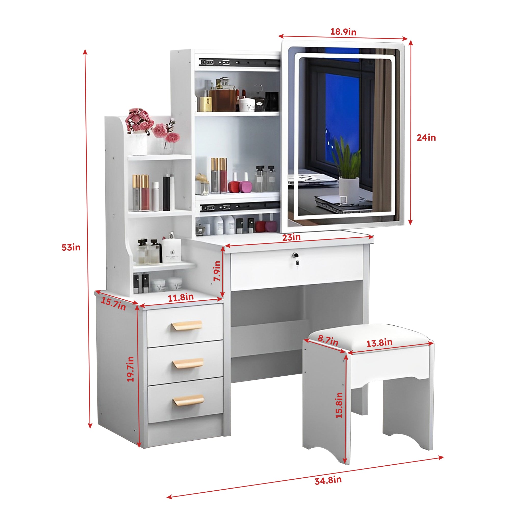 Kaptafel met Spiegel en Verlichting voor Make - up, 4 Lades, 3 Kleurmodi Instelbare Helderheid, Wit - Noventis Home