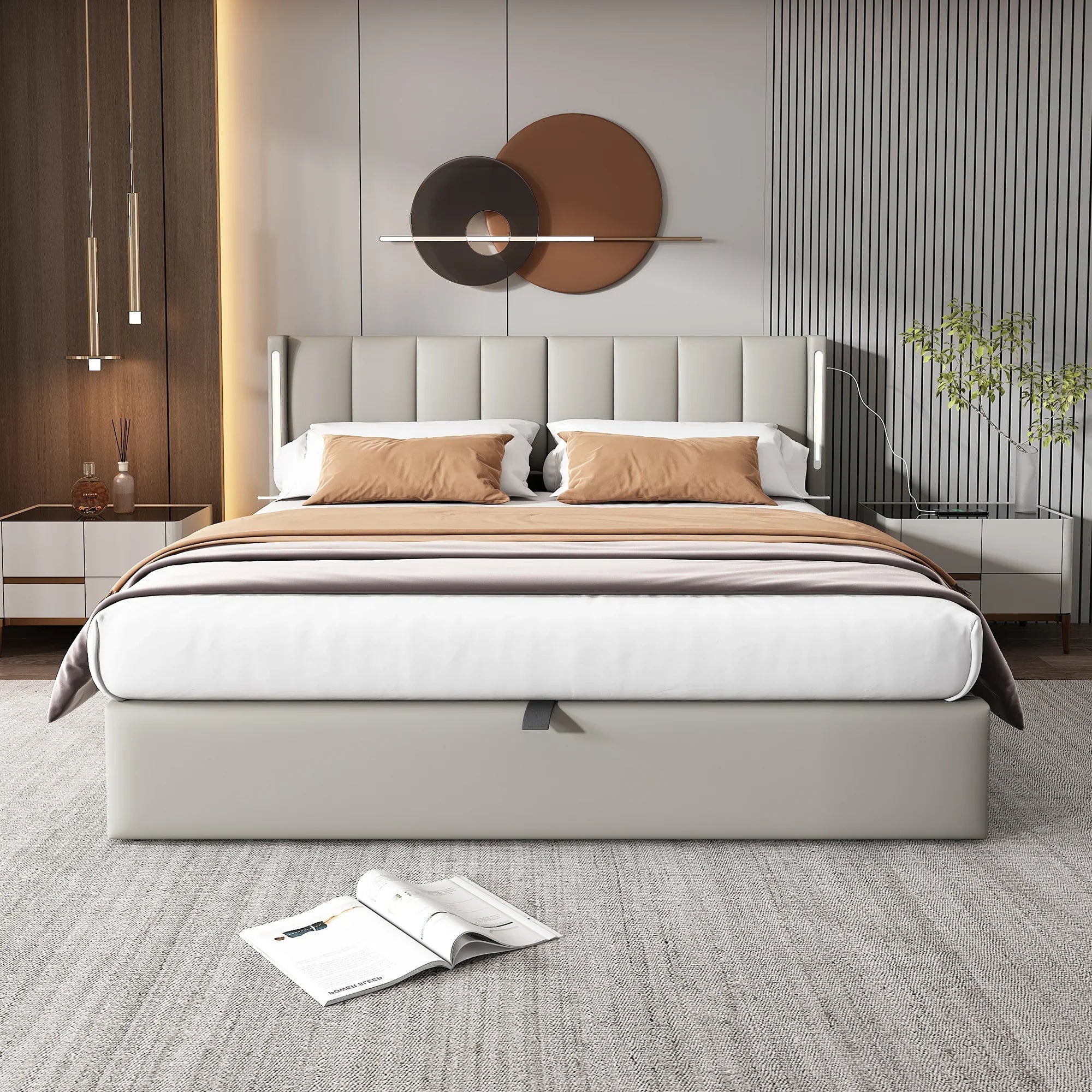 LED Gestoffeerd Bed, Kingsize 150x200 cm, Hydraulisch Bed met USB - oplaadpoort, LED - verlichting, Opbergruimte en Verstelbaar Hoofdeinde, PU, Grijs - Noventis Home